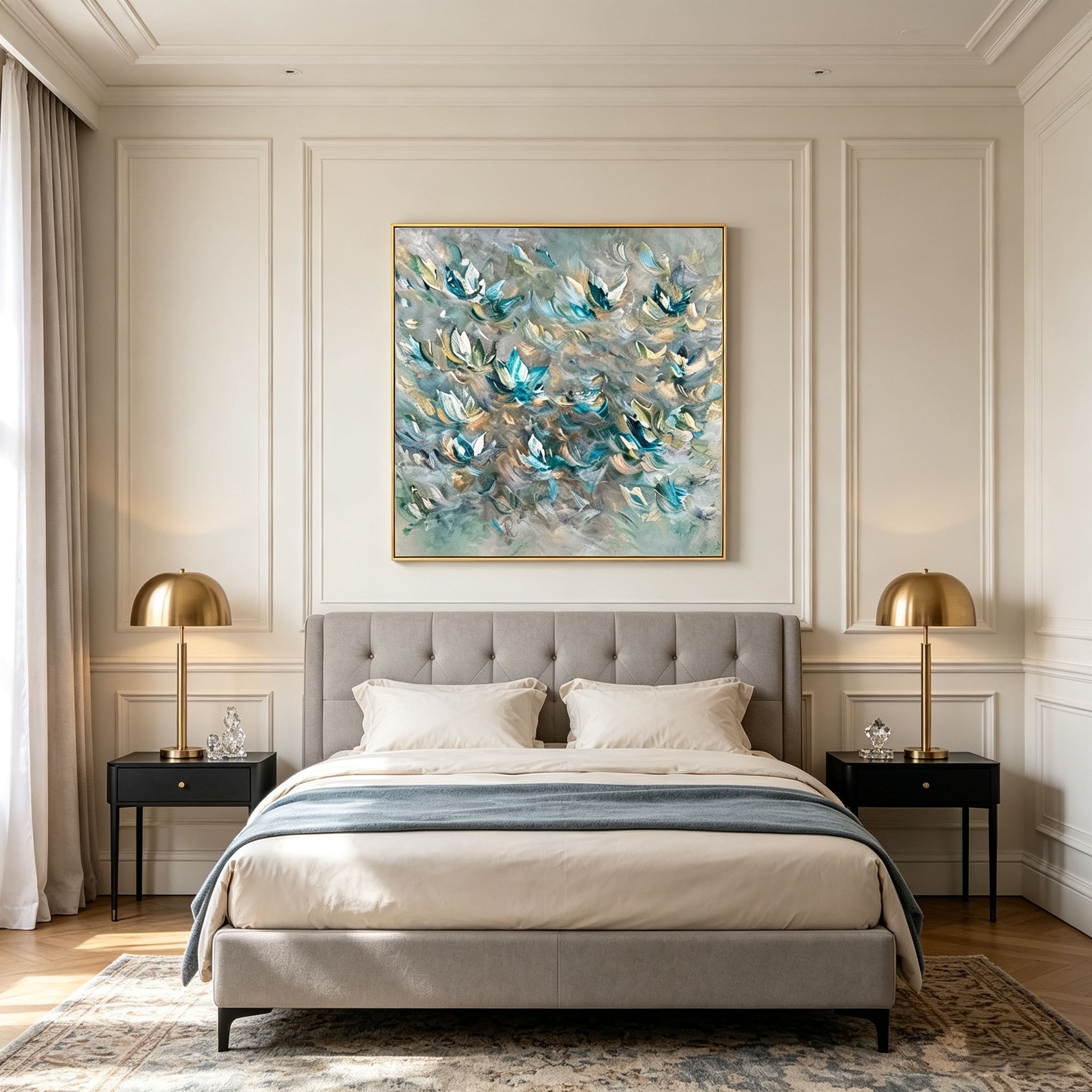 Teal White Abstract Lotus Floral Oil Painting, Thick Impasto Textured Flower Canvas Wall Art, Modern Entryway Living Room Decor