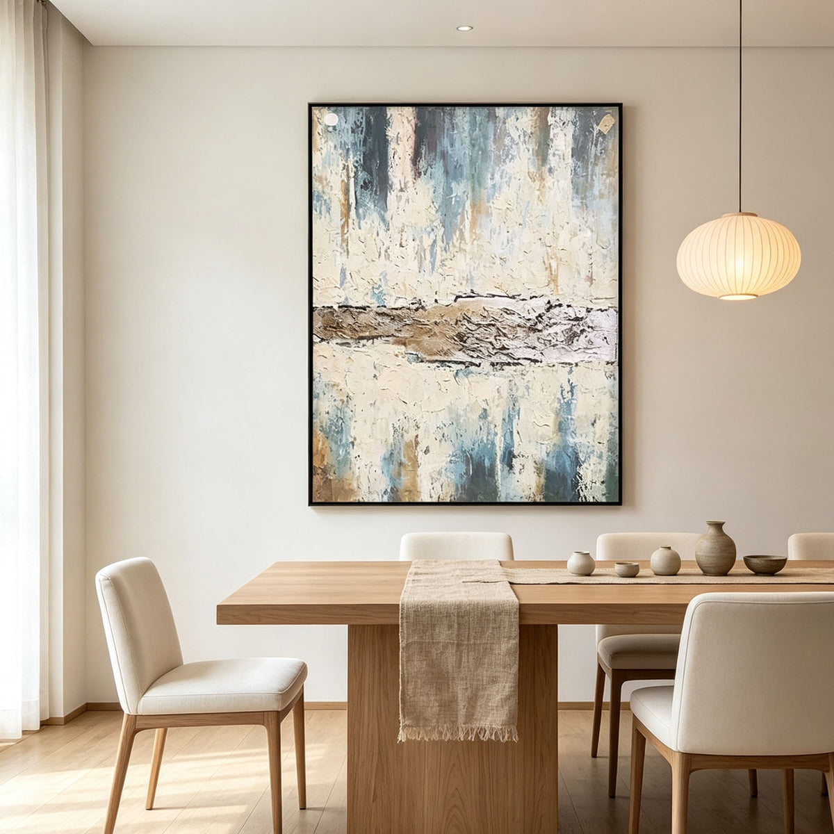 Abstract Seascape Wall Art, Muted Blue Cream Bronze Impasto Painting, Large Textured Horizon Canvas Art, Japandi Wabi-Sabi Living Room Decor