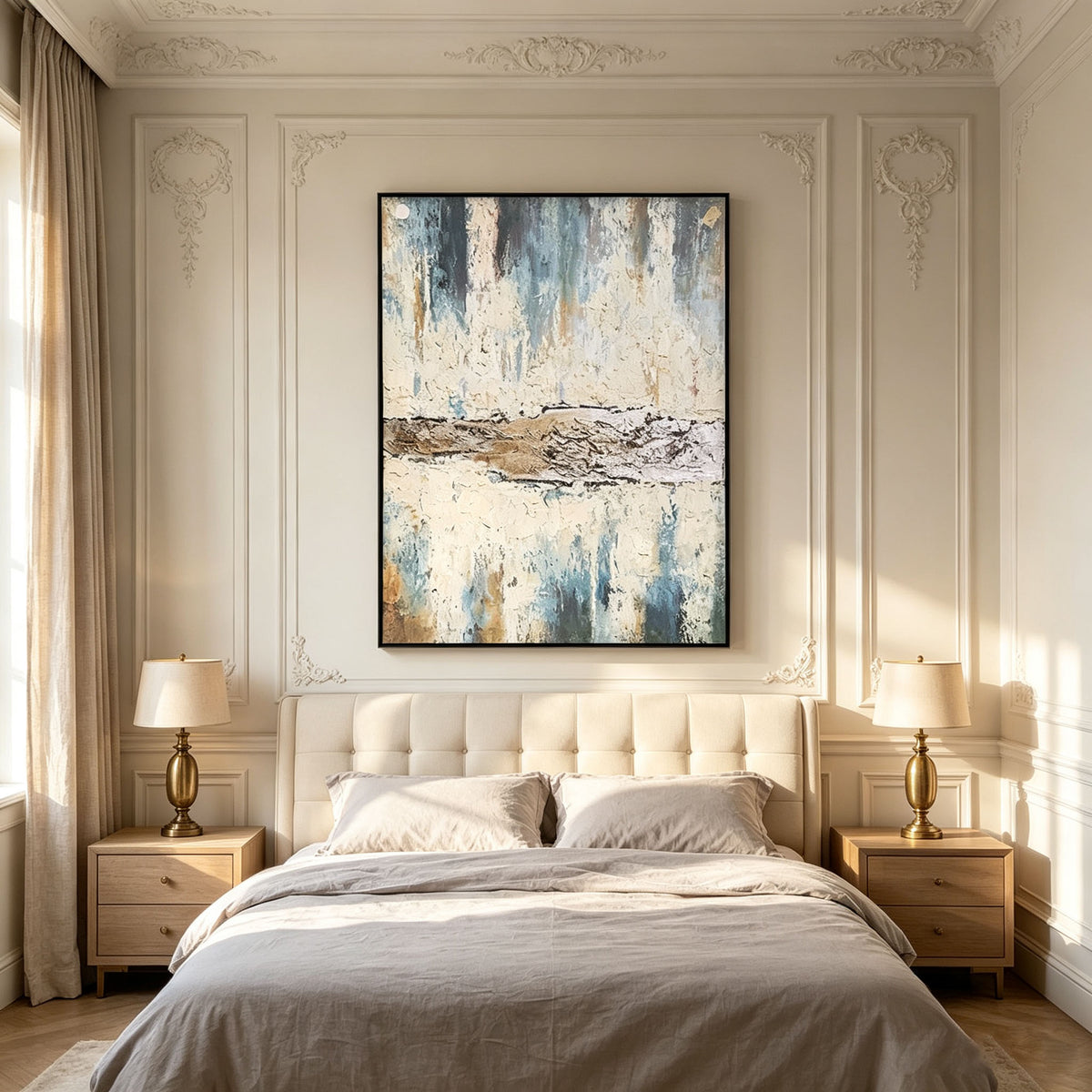 Abstract Seascape Wall Art, Muted Blue Cream Bronze Impasto Painting, Large Textured Horizon Canvas Art, Japandi Wabi-Sabi Living Room Decor
