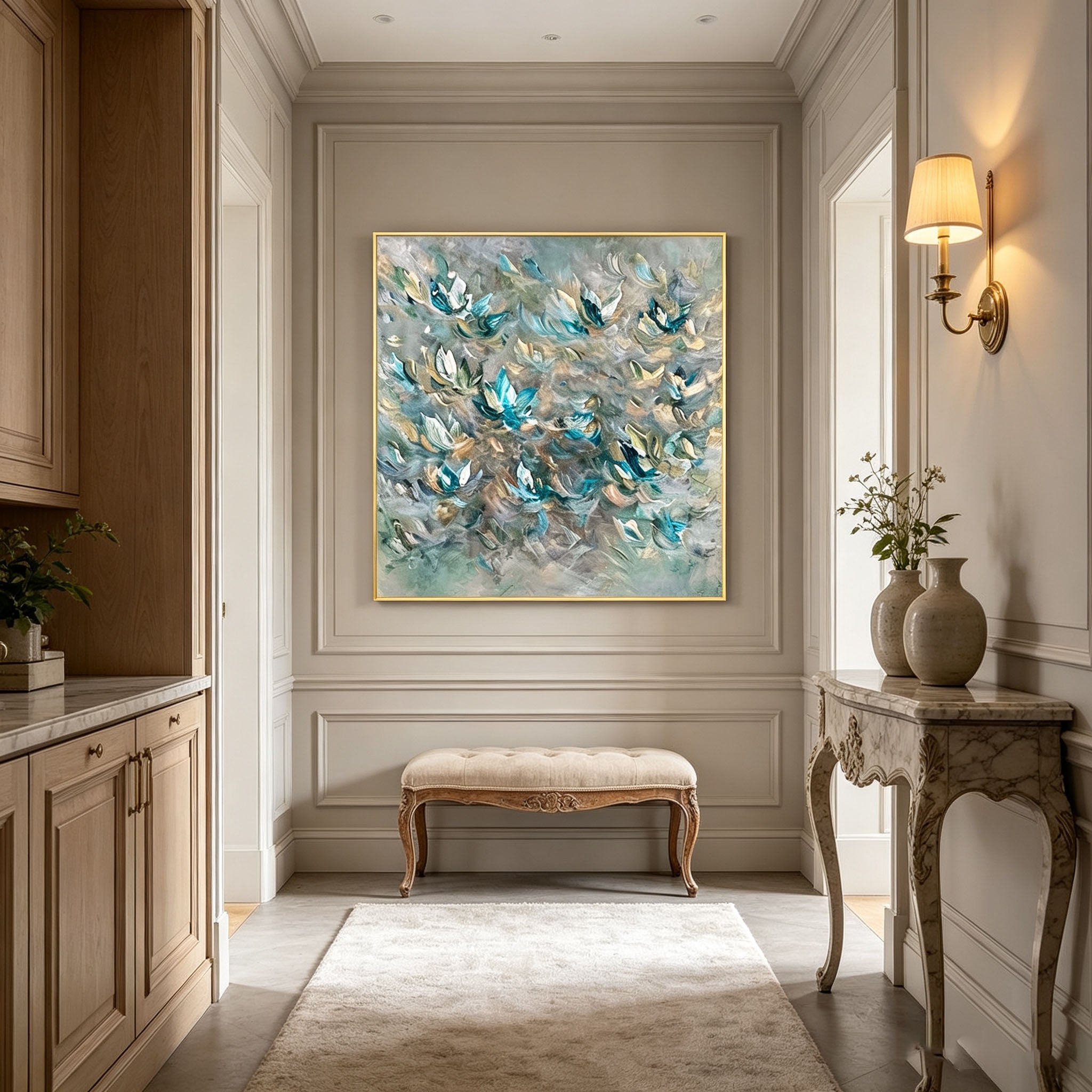 Teal White Abstract Lotus Floral Oil Painting, Thick Impasto Textured Flower Canvas Wall Art, Modern Entryway Living Room Decor
