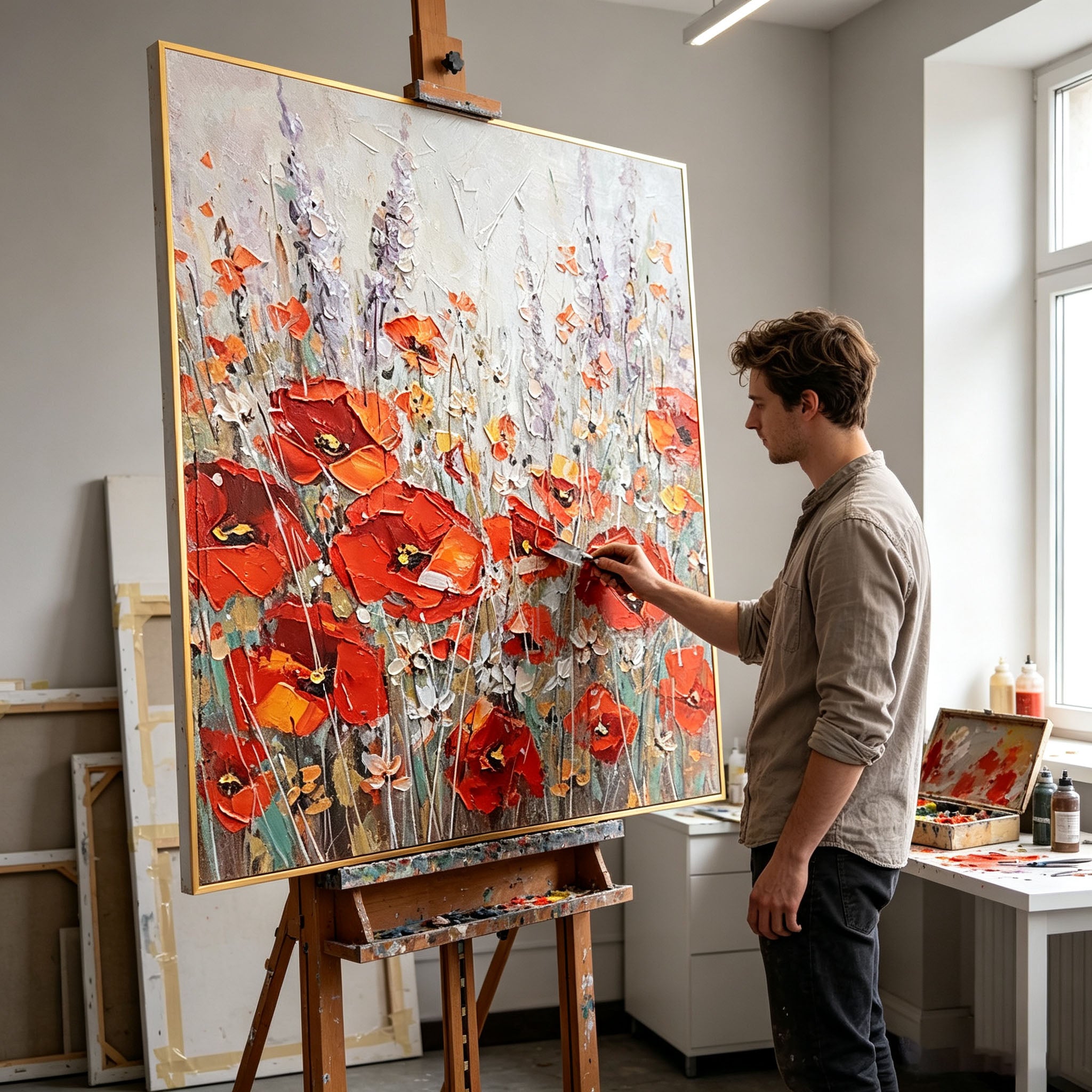 Thick Impasto Red Poppy Wildflower Oil Painting, Textured Palette Knife Floral Canvas Wall Art, Vintage Garden Botanical Decor