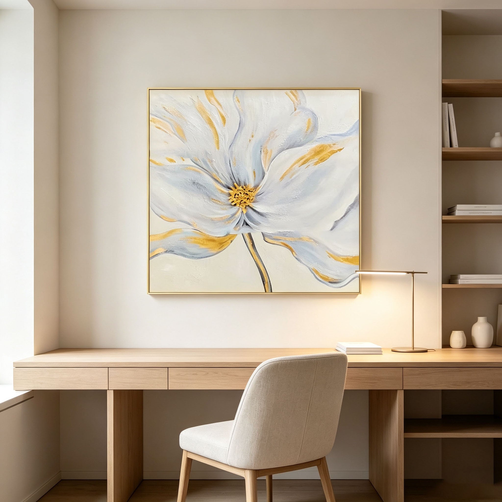 White Flower Oil Painting with Gold Accents, Thick Impasto Textured Floral Canvas Wall Art, Minimalist Modern Home Office Decor