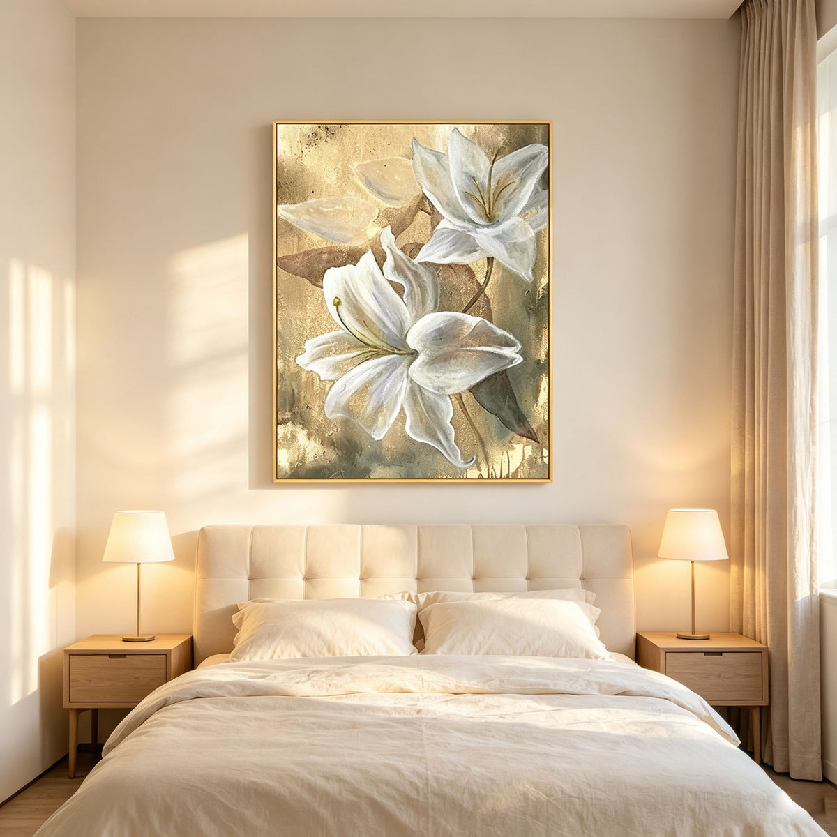 White Lily Flower Wall Art, Gold Background Floral Oil Painting, Large Elegant Textured Canvas Art, Luxury Bedroom Living Room Wall Decor