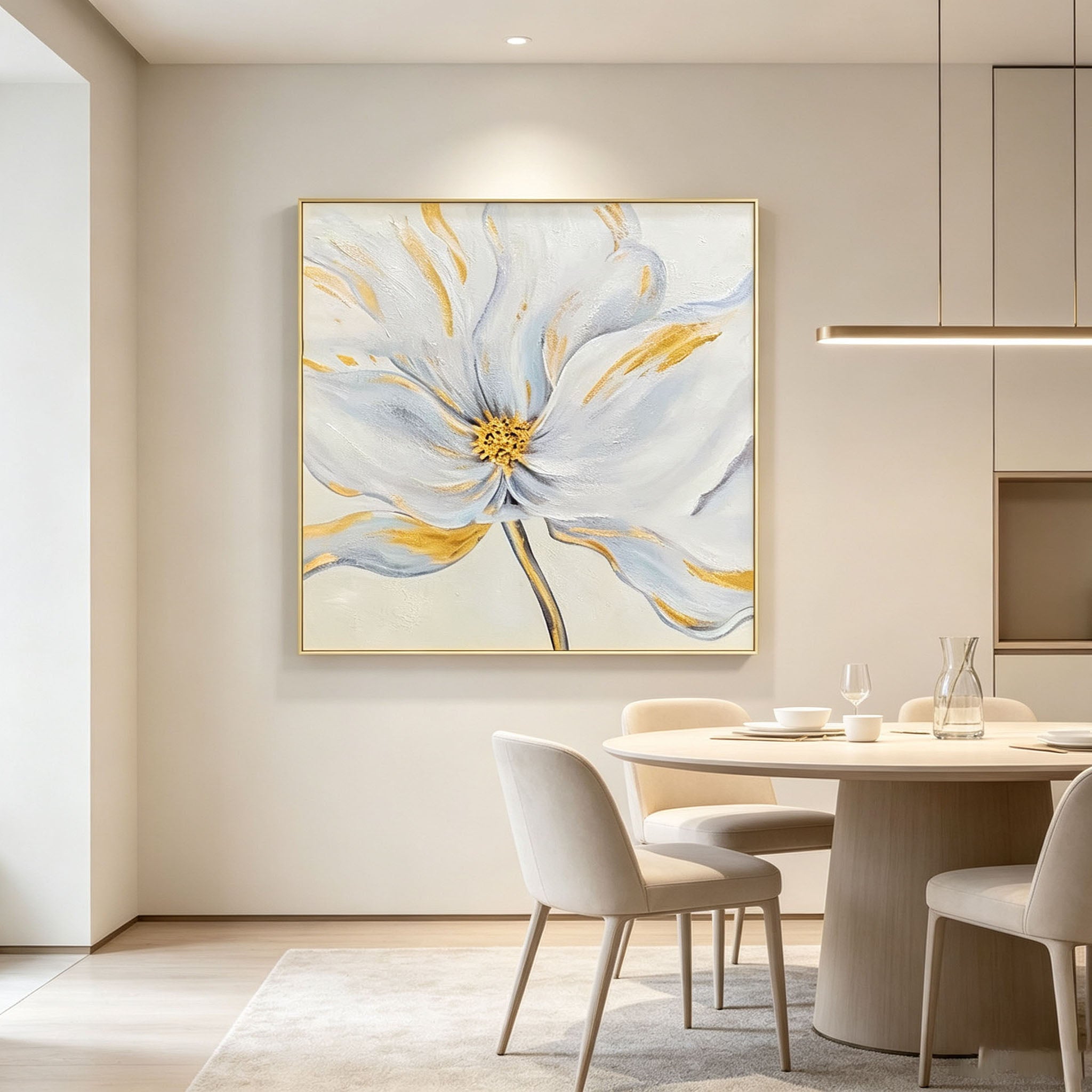 White Flower Oil Painting with Gold Accents, Thick Impasto Textured Floral Canvas Wall Art, Minimalist Modern Home Office Decor