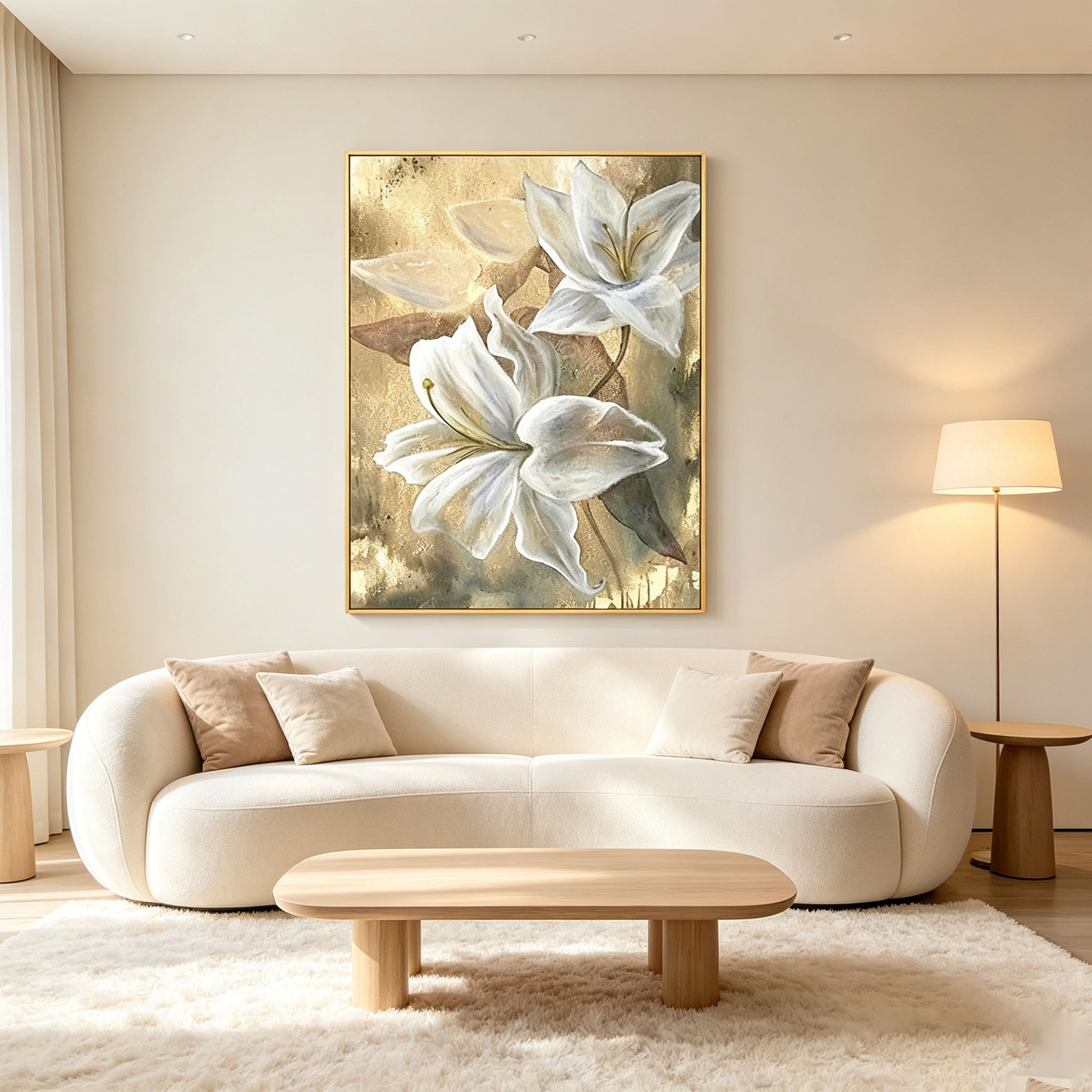 White Lily Flower Wall Art, Gold Background Floral Oil Painting, Large Elegant Textured Canvas Art, Luxury Bedroom Living Room Wall Decor