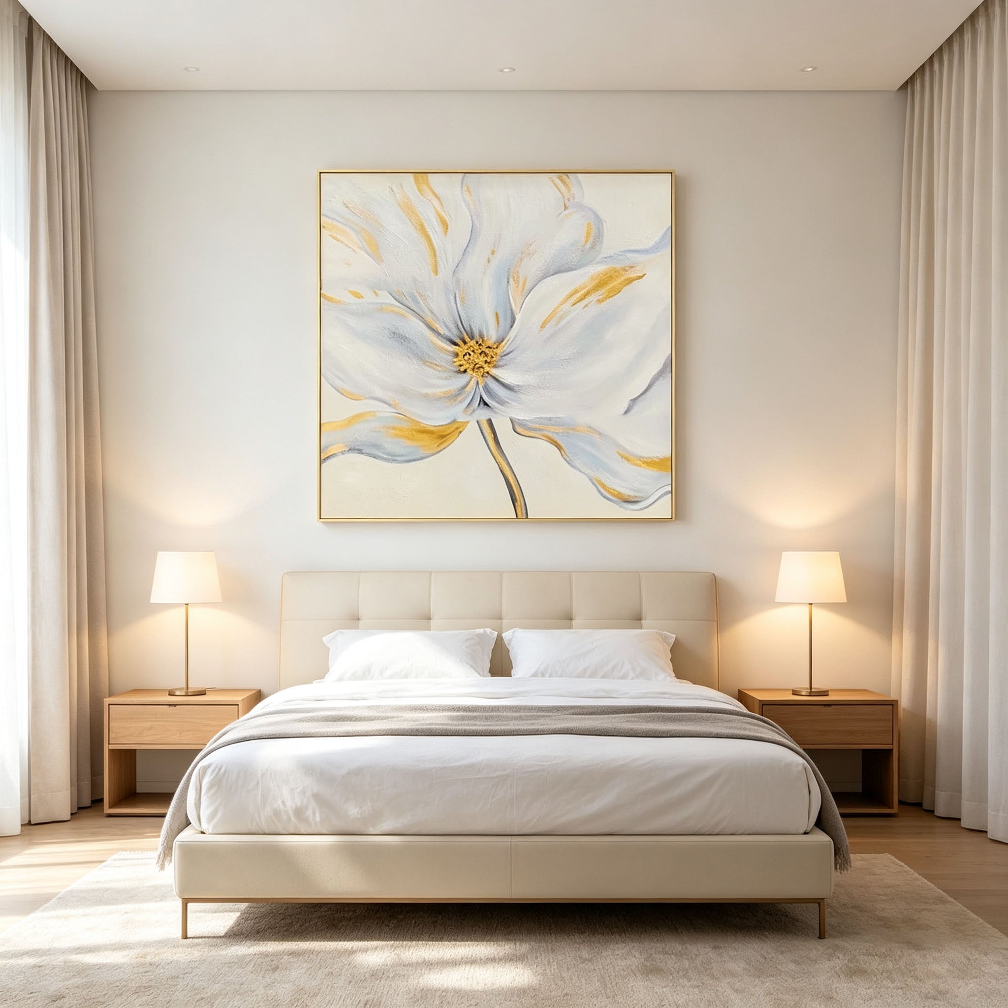 White Flower Oil Painting with Gold Accents, Thick Impasto Textured Floral Canvas Wall Art, Minimalist Modern Home Office Decor