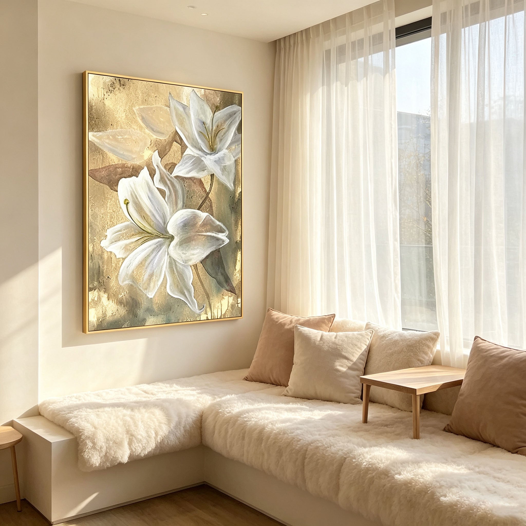 White Lily Flower Wall Art, Gold Background Floral Oil Painting, Large Elegant Textured Canvas Art, Luxury Bedroom Living Room Wall Decor