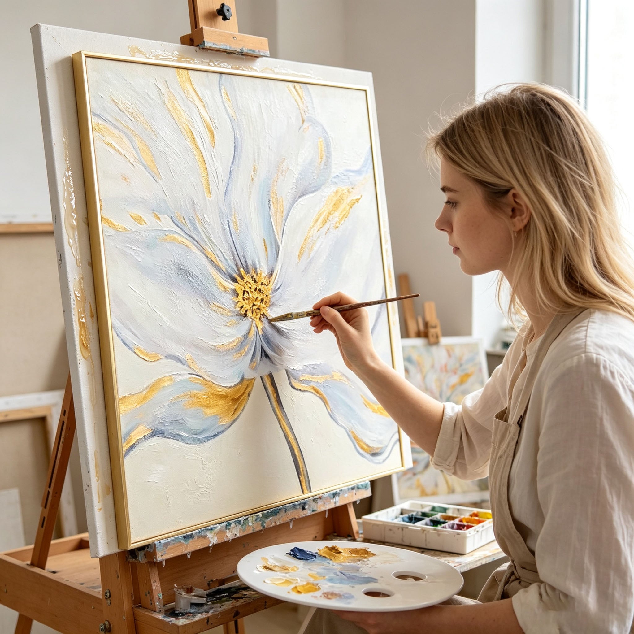White Flower Oil Painting with Gold Accents, Thick Impasto Textured Floral Canvas Wall Art, Minimalist Modern Home Office Decor