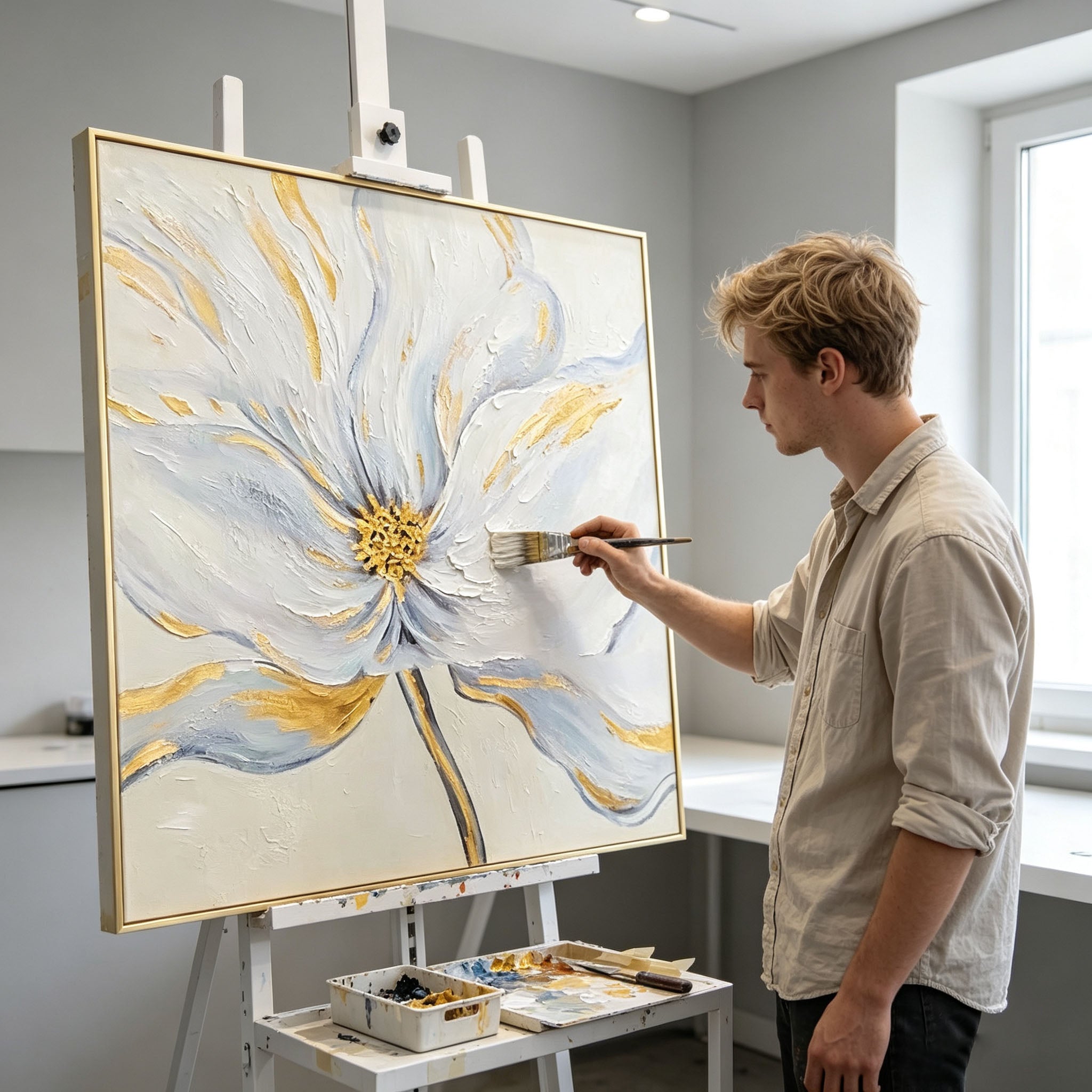 White Flower Oil Painting with Gold Accents, Thick Impasto Textured Floral Canvas Wall Art, Minimalist Modern Home Office Decor