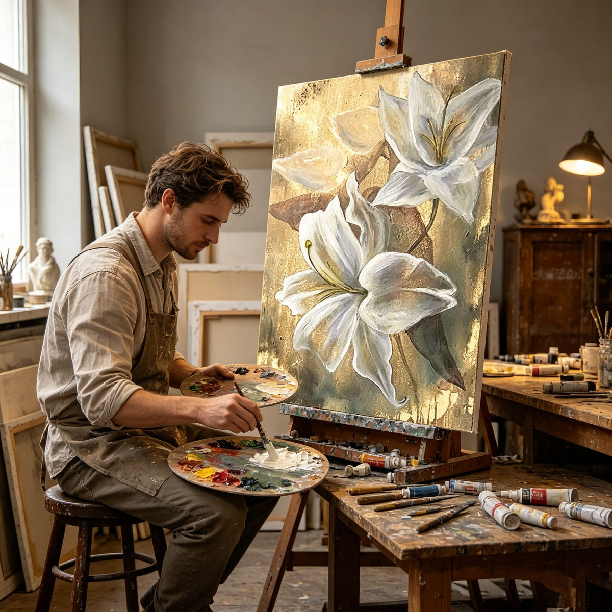 White Lily Flower Wall Art, Gold Background Floral Oil Painting, Large Elegant Textured Canvas Art, Luxury Bedroom Living Room Wall Decor