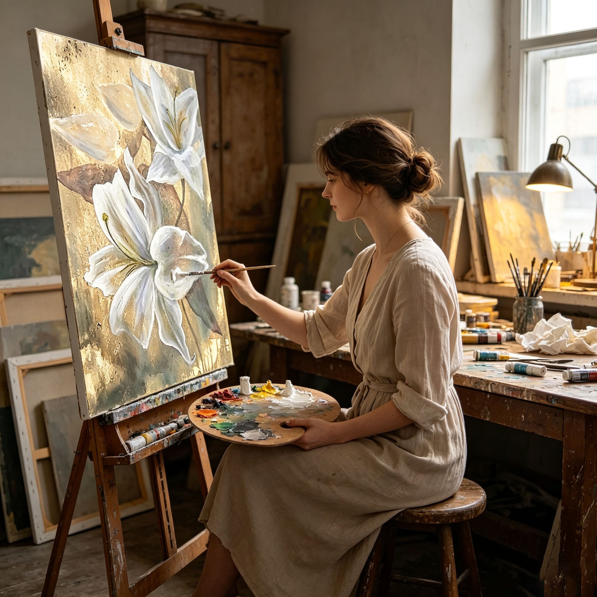 White Lily Flower Wall Art, Gold Background Floral Oil Painting, Large Elegant Textured Canvas Art, Luxury Bedroom Living Room Wall Decor