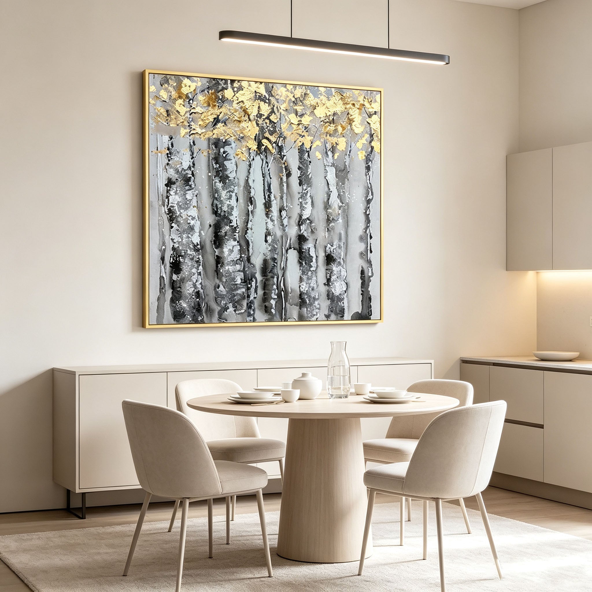 Hand Painted Birch Tree Forest Oil Painting with Gold Leaf, Thick Impasto Textured Landscape Canvas Wall Art, Modern Dining Room Decor