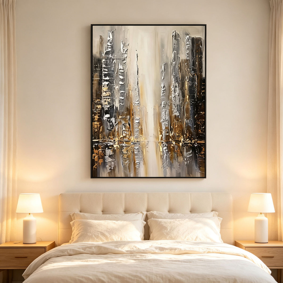 Abstract Cityscape Wall Art, Gold Silver Black Skyline Impasto Painting, Large Textured Urban Canvas Art, Modern Luxury Bedroom Living Room Decor
