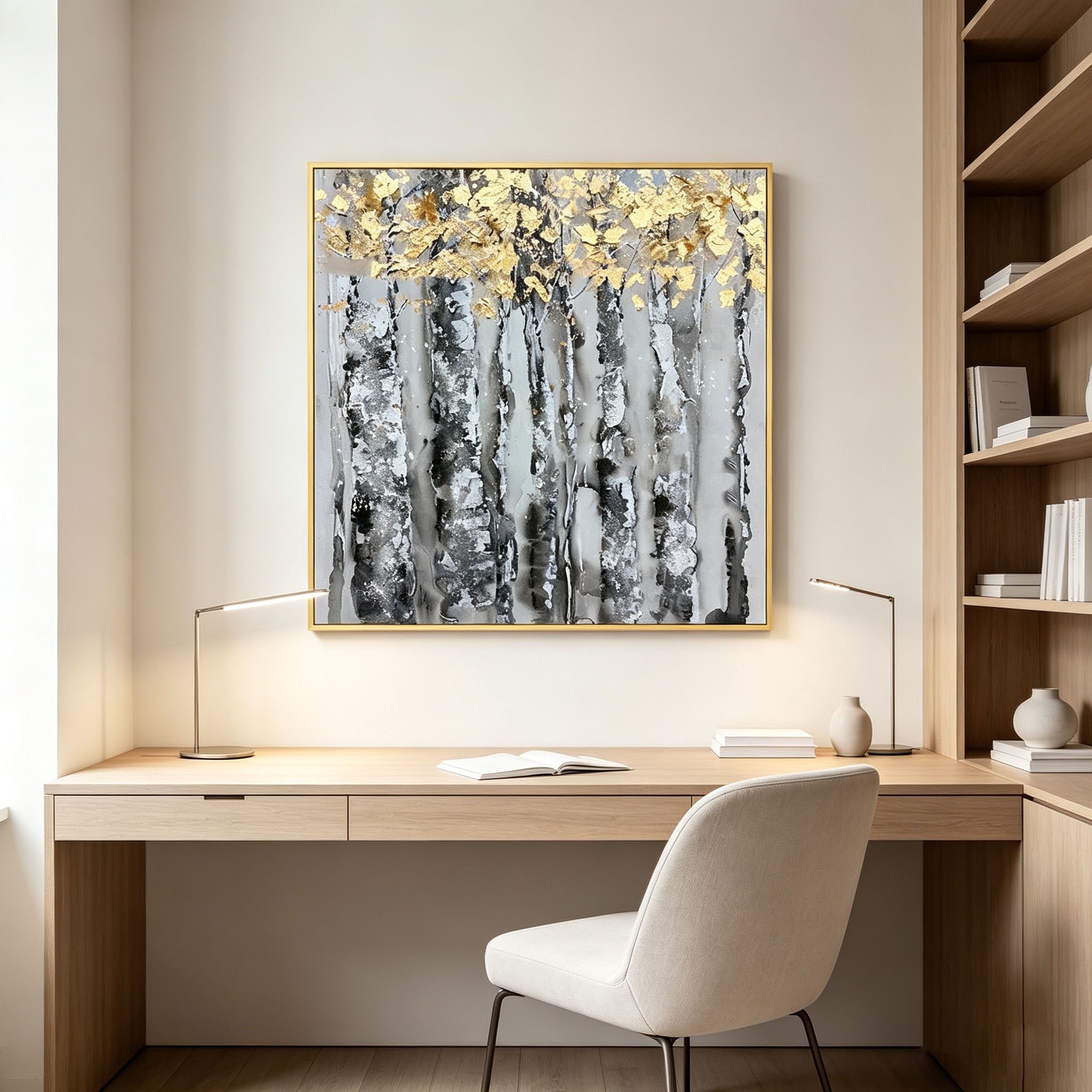 Hand Painted Birch Tree Forest Oil Painting with Gold Leaf, Thick Impasto Textured Landscape Canvas Wall Art, Modern Dining Room Decor