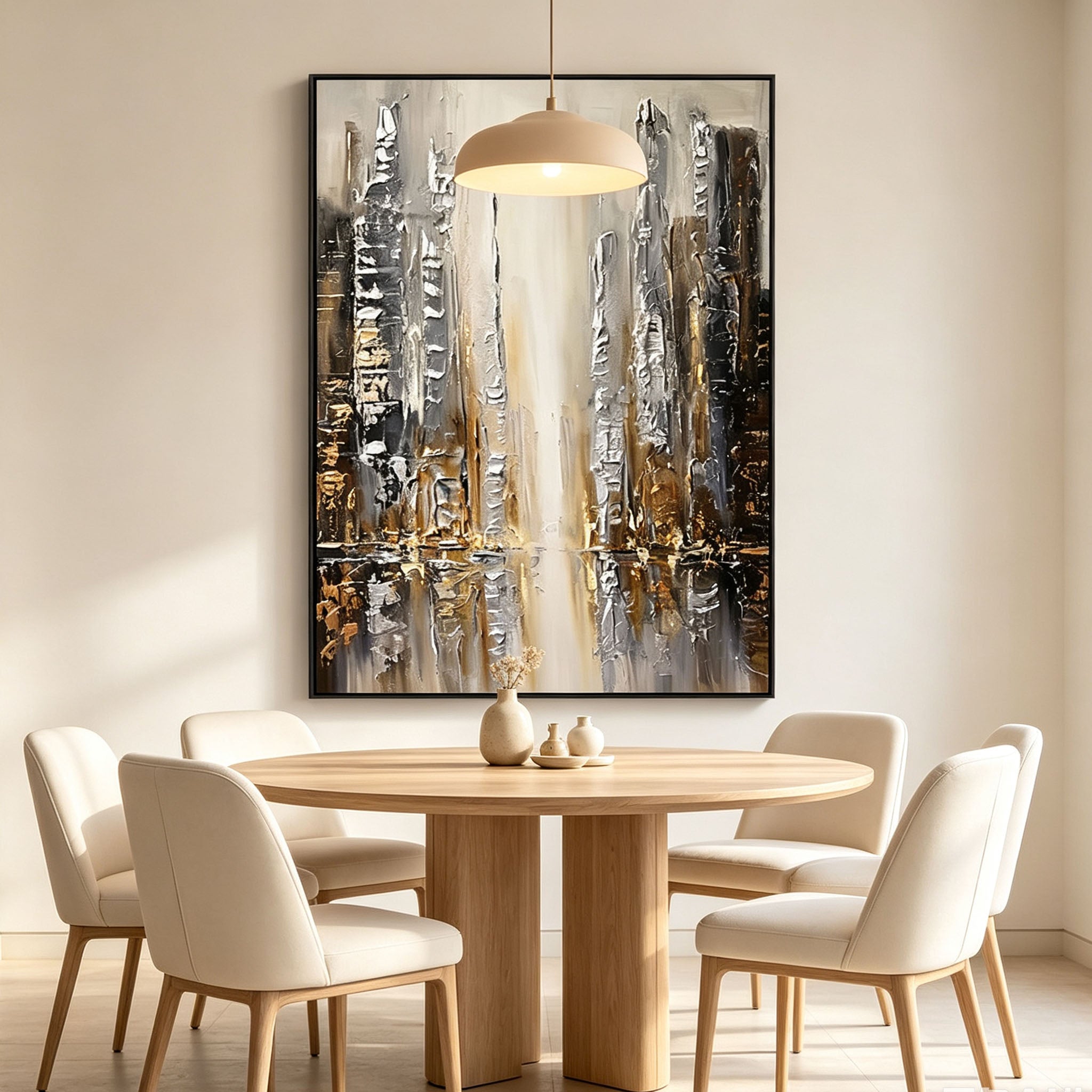 Abstract Cityscape Wall Art, Gold Silver Black Skyline Impasto Painting, Large Textured Urban Canvas Art, Modern Luxury Bedroom Living Room Decor