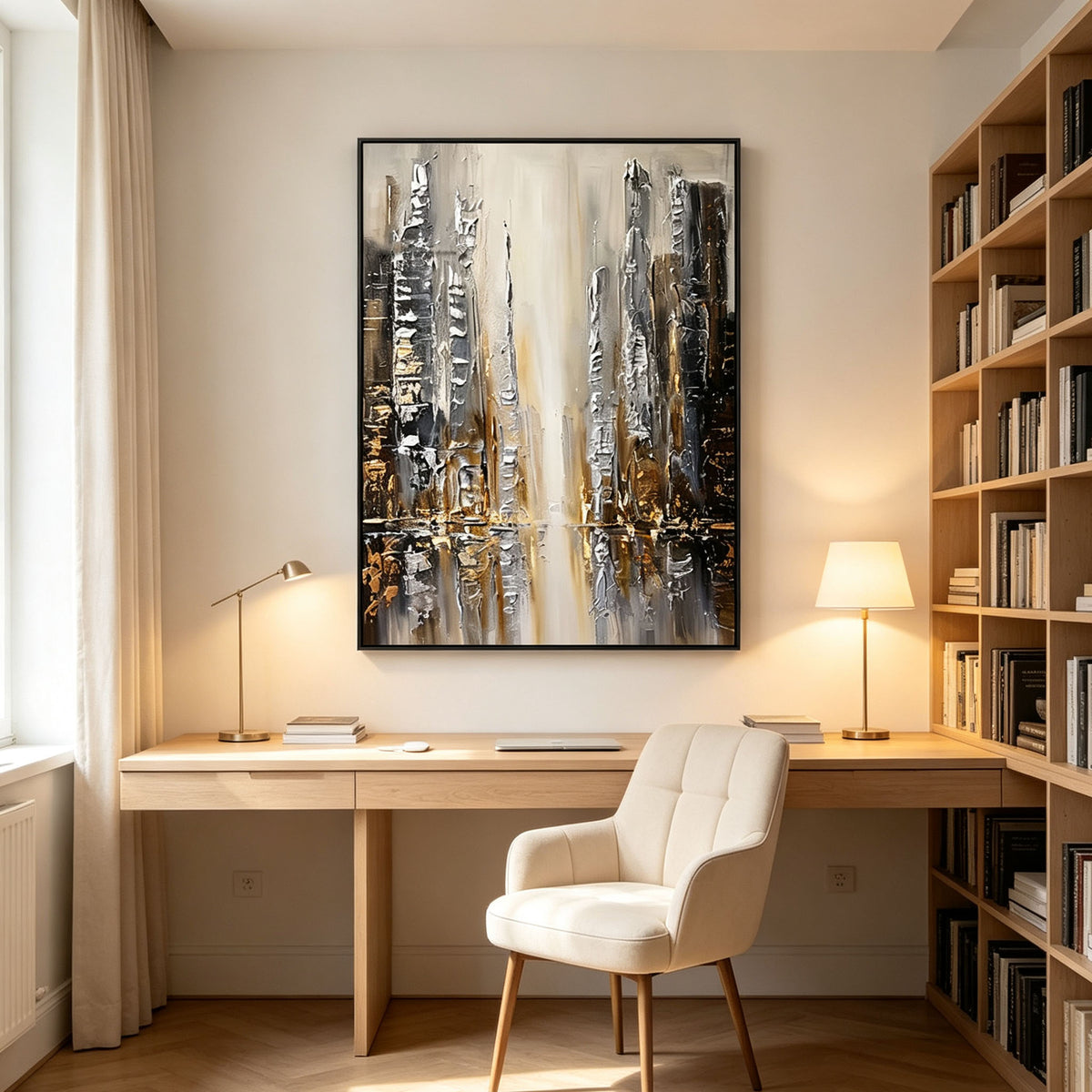 Abstract Cityscape Wall Art, Gold Silver Black Skyline Impasto Painting, Large Textured Urban Canvas Art, Modern Luxury Bedroom Living Room Decor