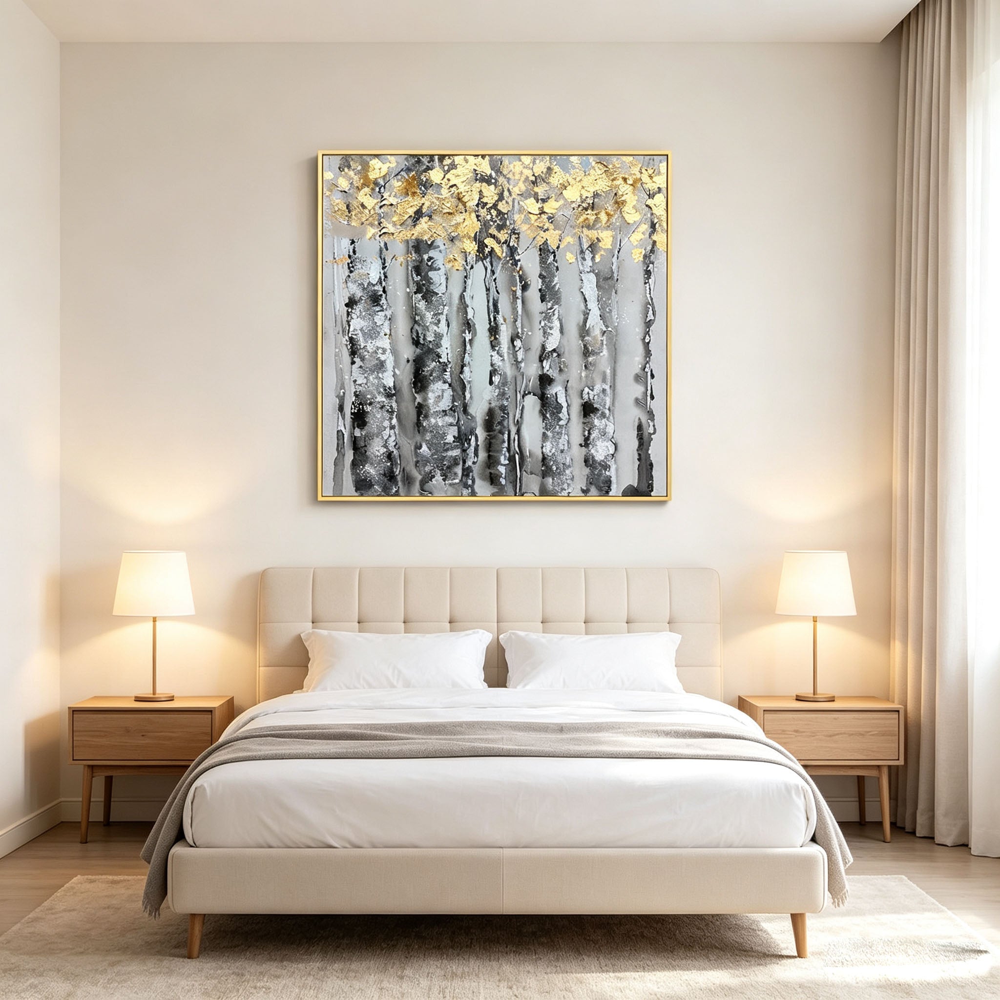 Hand Painted Birch Tree Forest Oil Painting with Gold Leaf, Thick Impasto Textured Landscape Canvas Wall Art, Modern Dining Room Decor
