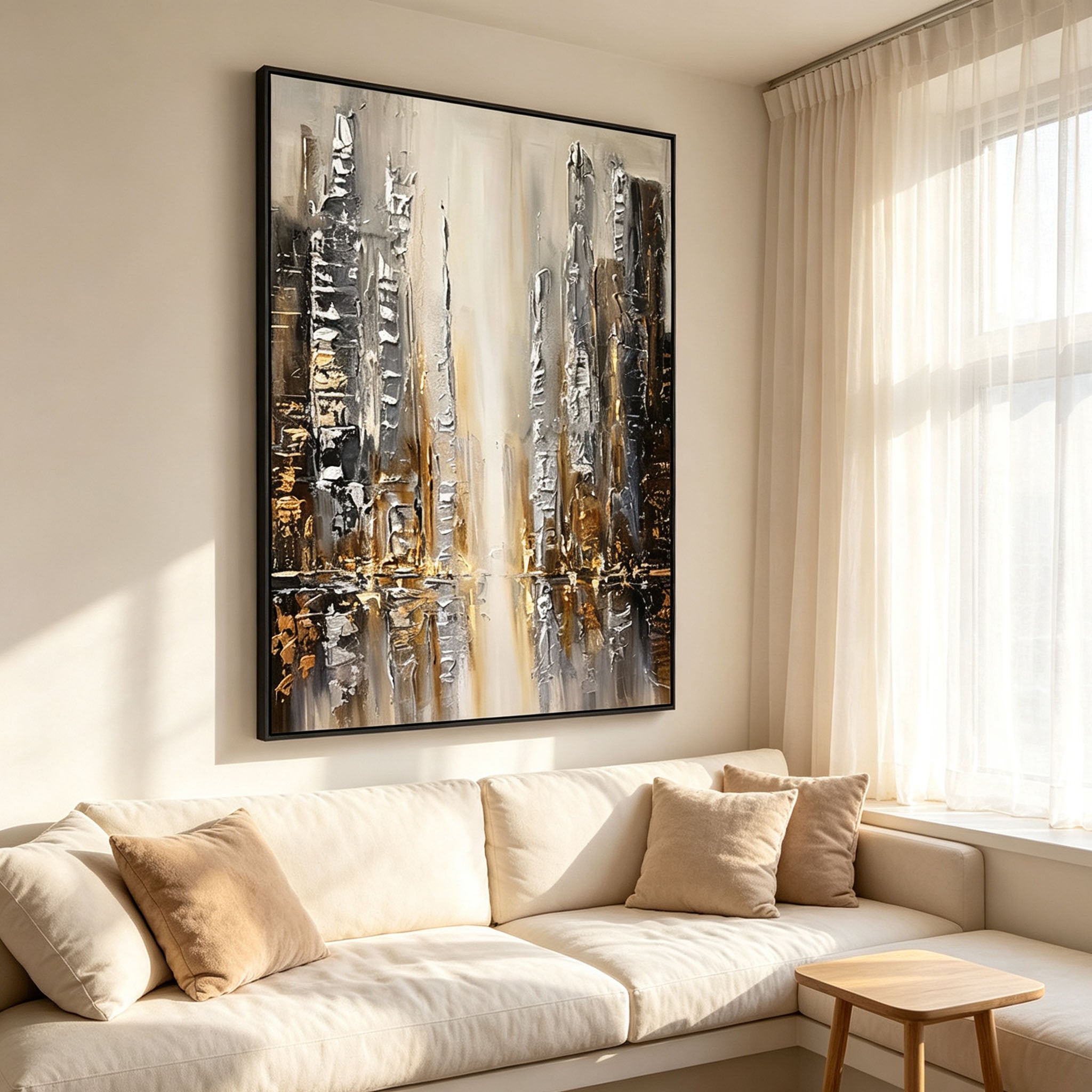 Abstract Cityscape Wall Art, Gold Silver Black Skyline Impasto Painting, Large Textured Urban Canvas Art, Modern Luxury Bedroom Living Room Decor