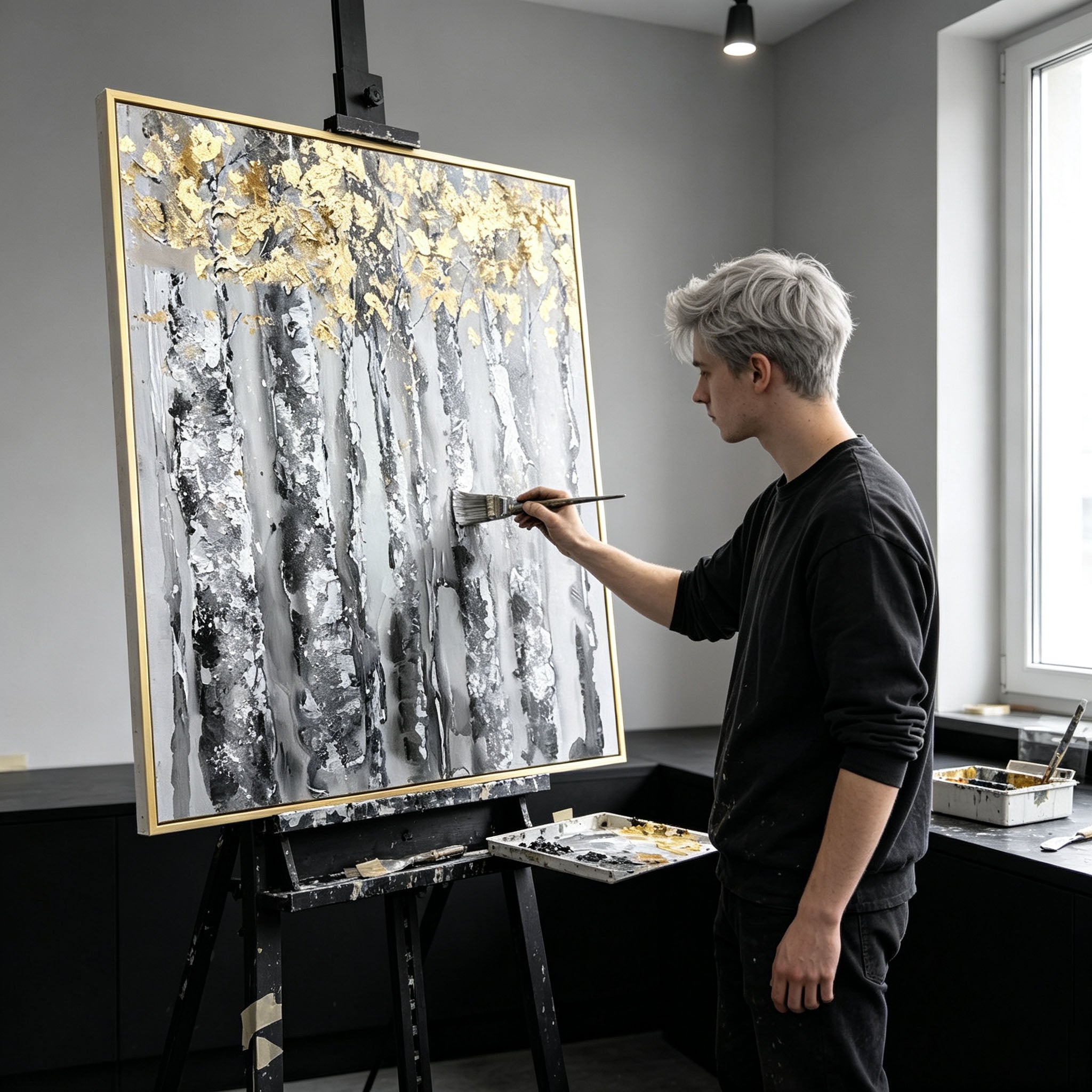 Hand Painted Birch Tree Forest Oil Painting with Gold Leaf, Thick Impasto Textured Landscape Canvas Wall Art, Modern Dining Room Decor