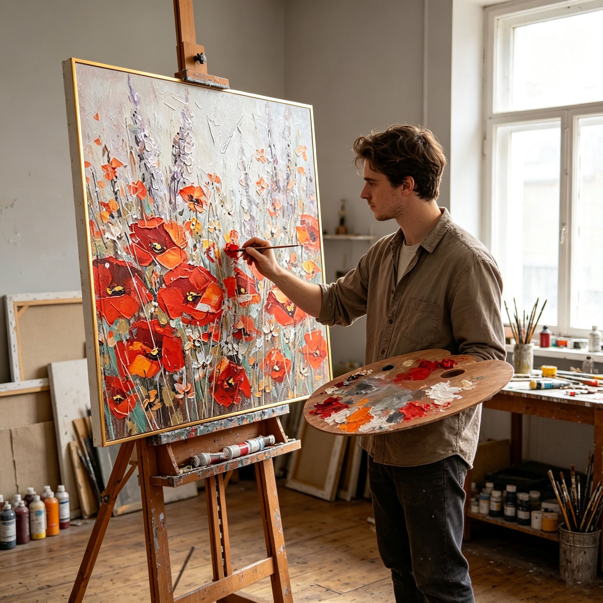 Thick Impasto Red Poppy Wildflower Oil Painting, Textured Palette Knife Floral Canvas Wall Art, Vintage Garden Botanical Decor