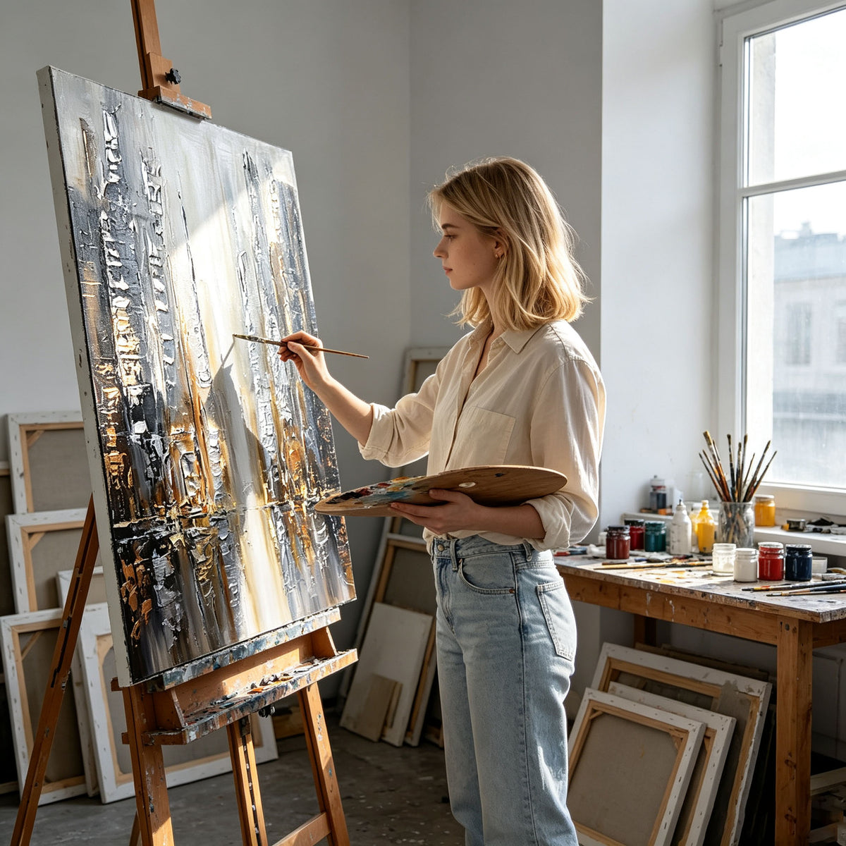 Abstract Cityscape Wall Art, Gold Silver Black Skyline Impasto Painting, Large Textured Urban Canvas Art, Modern Luxury Bedroom Living Room Decor