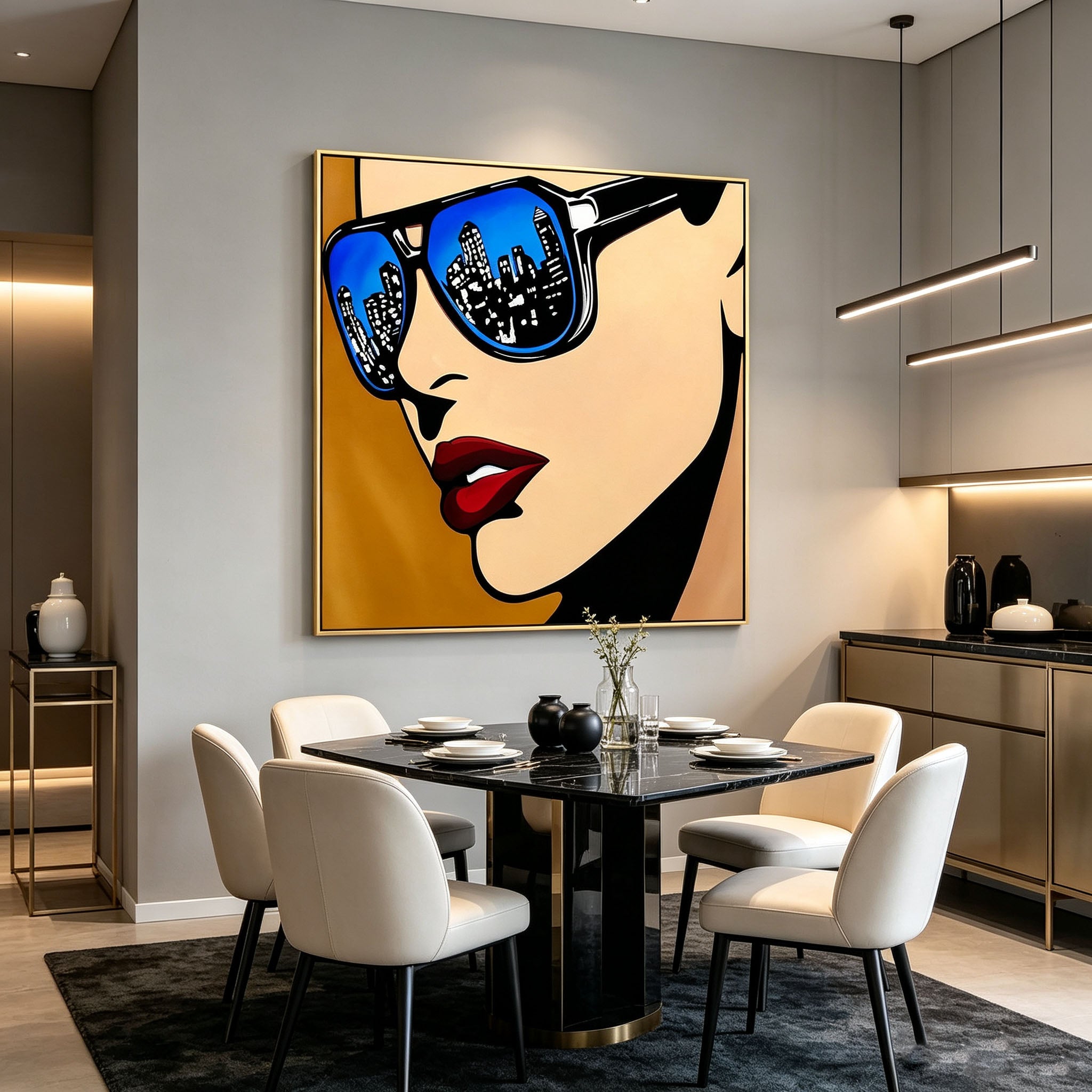 Pop Art Woman Portrait Oil Painting with Sunglasses & City Skyline Reflection, Modern Fashion Figure Canvas Wall Art, Contemporary Entryway Decor