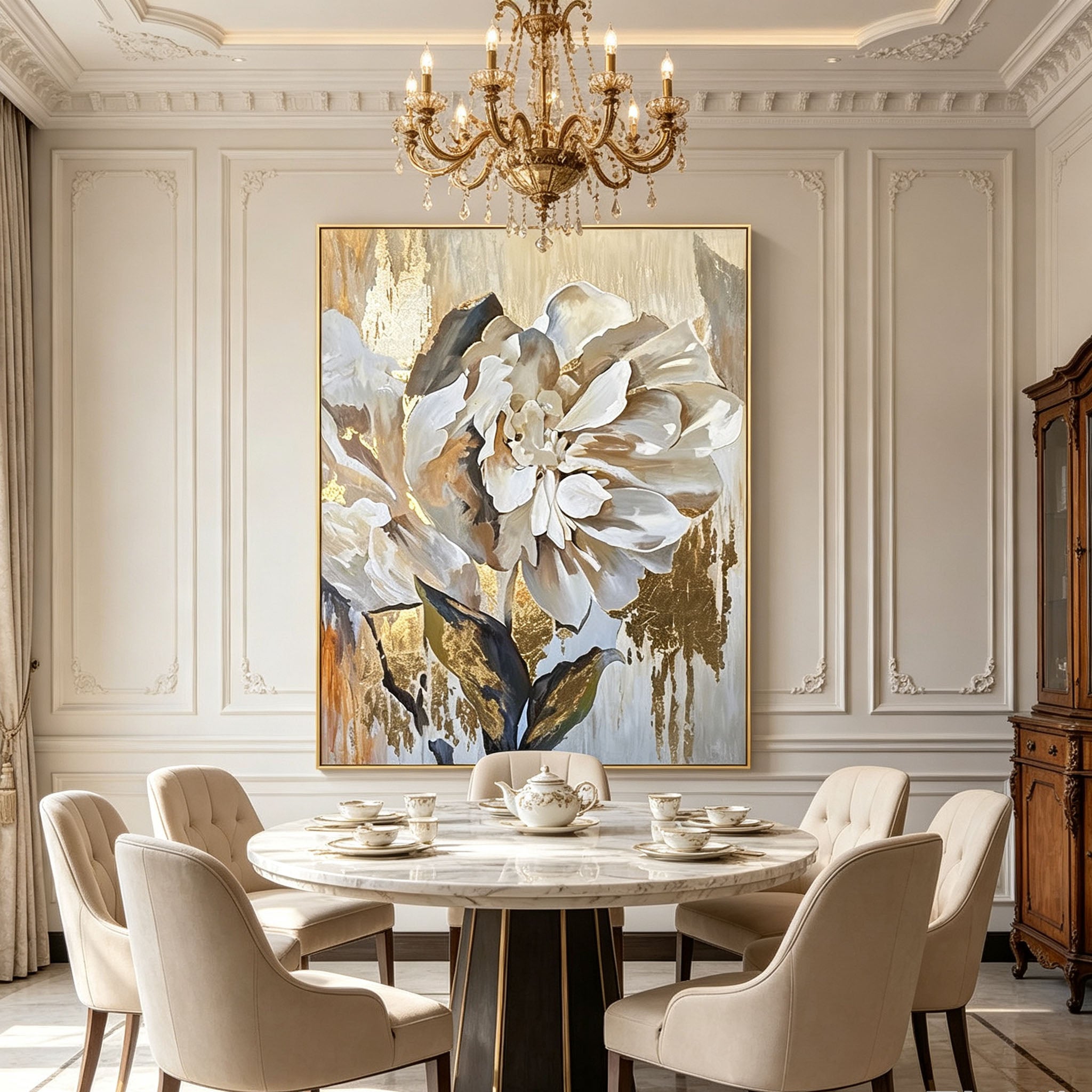 White Peony Wall Art, Gold Background Floral Oil Painting, Large Elegant Textured Canvas Art, Luxury Dining Room Living Room Wall Decor
