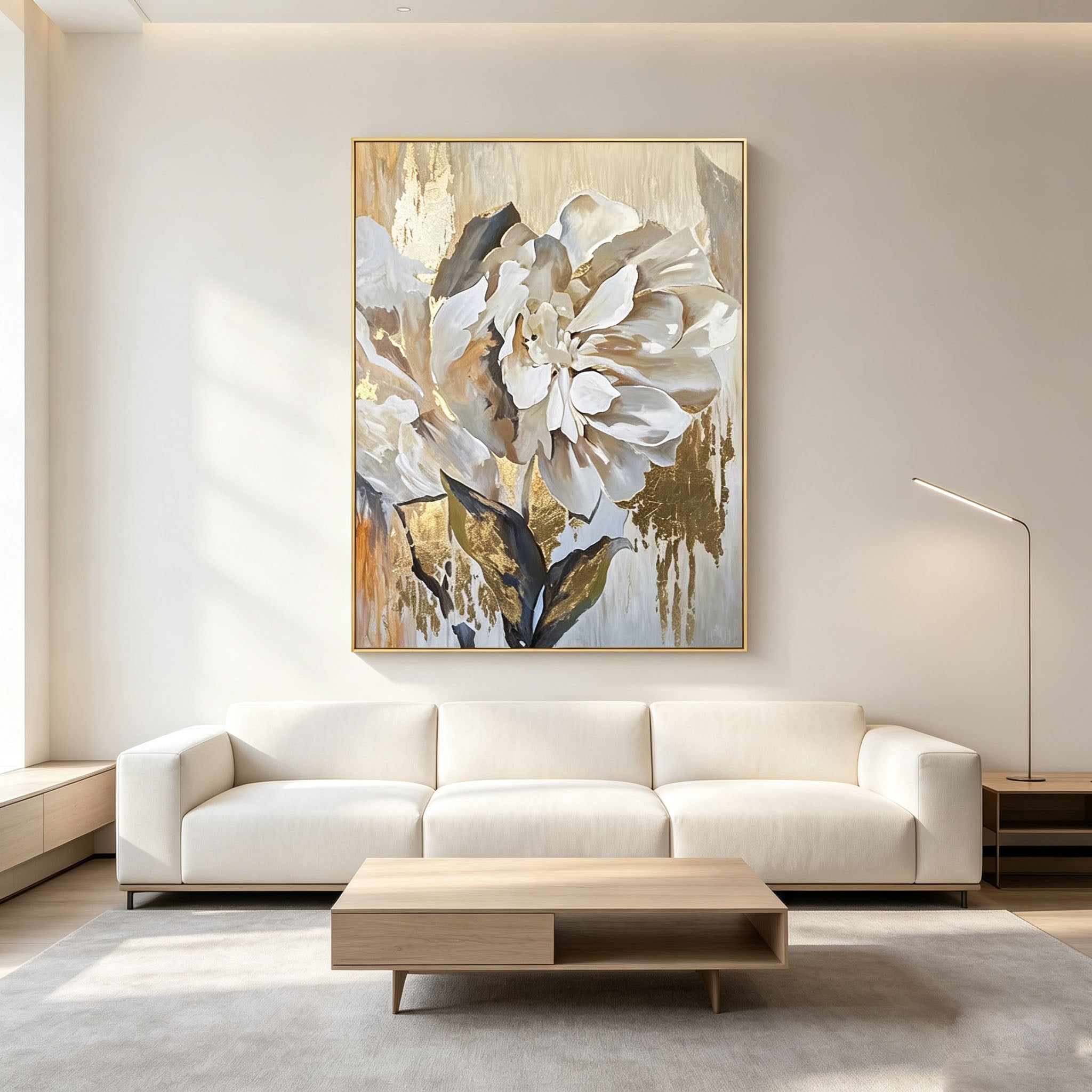 White Peony Wall Art, Gold Background Floral Oil Painting, Large Elegant Textured Canvas Art, Luxury Dining Room Living Room Wall Decor