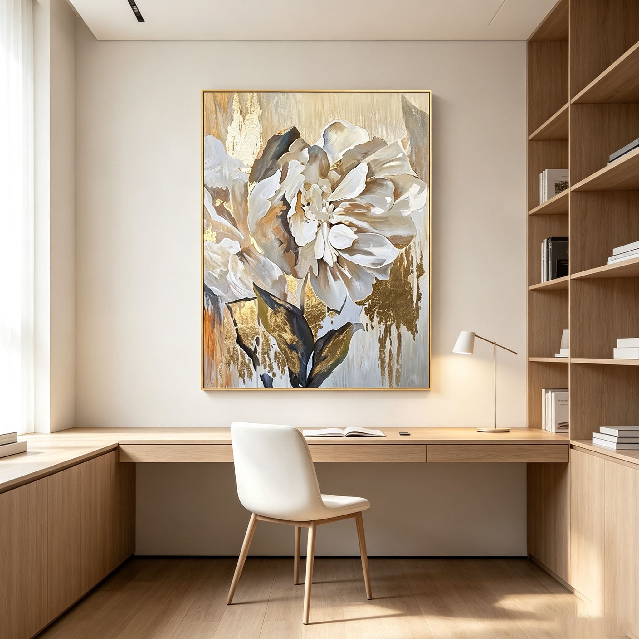 White Peony Wall Art, Gold Background Floral Oil Painting, Large Elegant Textured Canvas Art, Luxury Dining Room Living Room Wall Decor