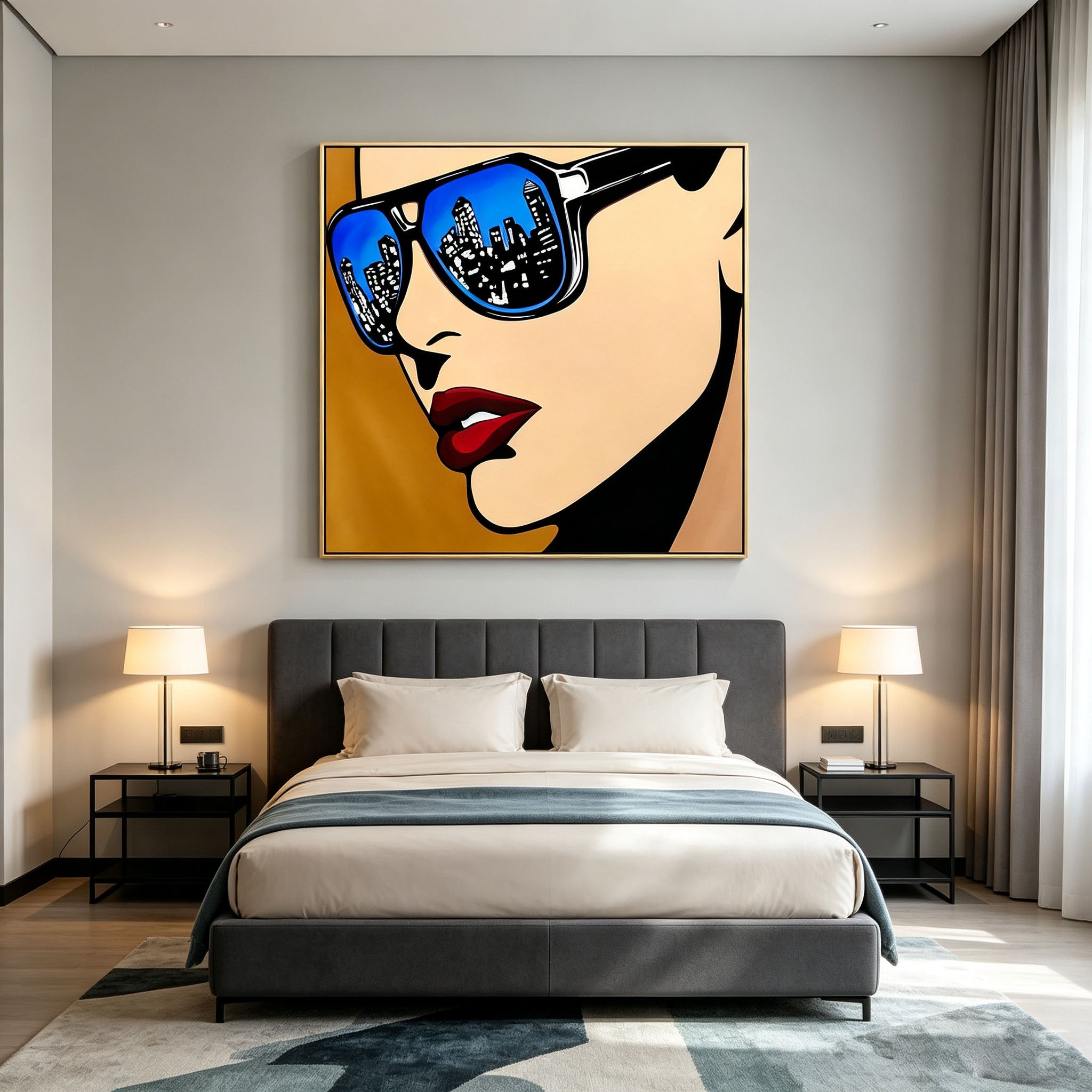 Pop Art Woman Portrait Oil Painting with Sunglasses & City Skyline Reflection, Modern Fashion Figure Canvas Wall Art, Contemporary Entryway Decor