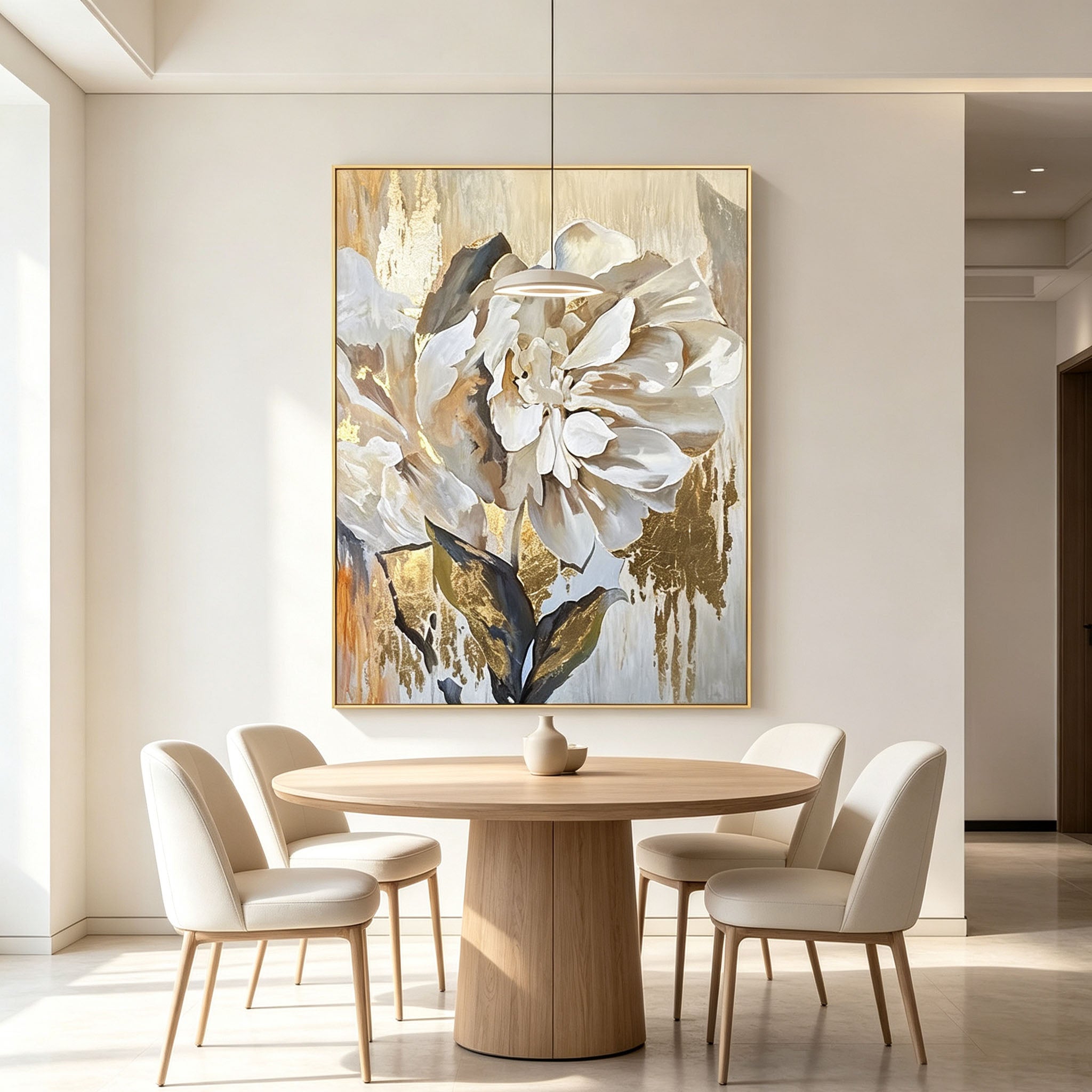 White Peony Wall Art, Gold Background Floral Oil Painting, Large Elegant Textured Canvas Art, Luxury Dining Room Living Room Wall Decor