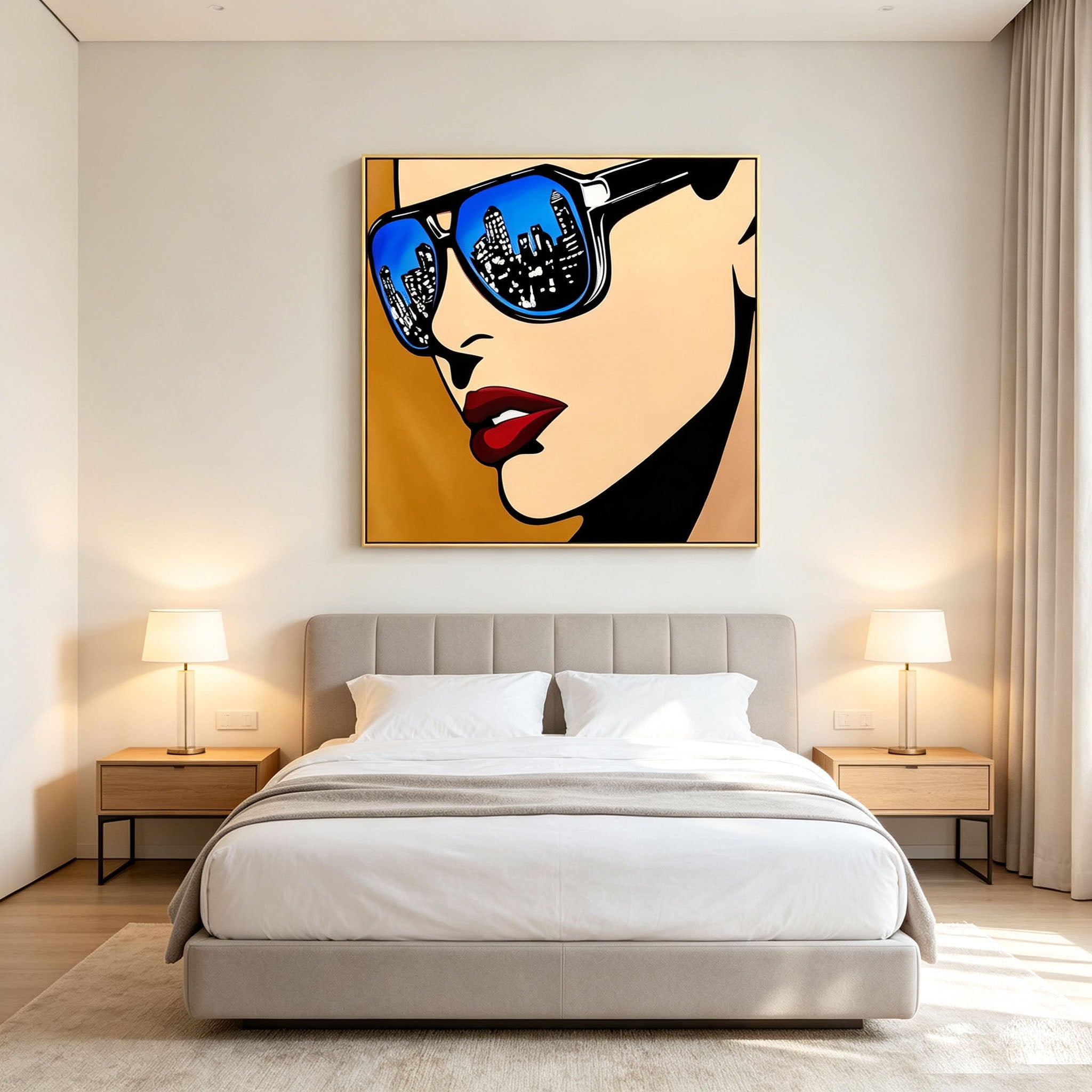 Pop Art Woman Portrait Oil Painting with Sunglasses & City Skyline Reflection, Modern Fashion Figure Canvas Wall Art, Contemporary Entryway Decor