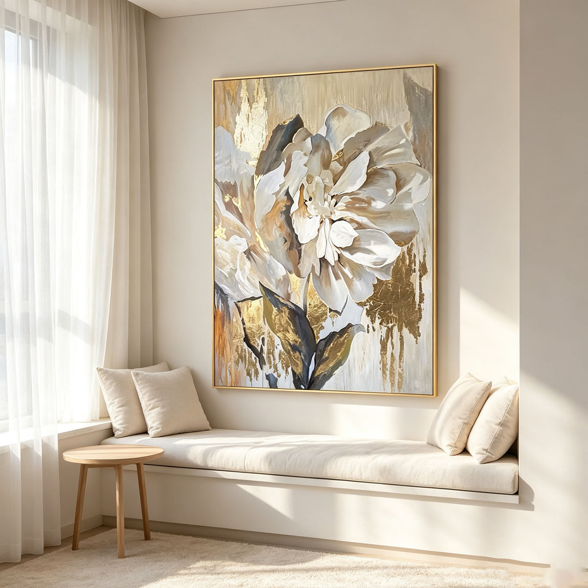 White Peony Wall Art, Gold Background Floral Oil Painting, Large Elegant Textured Canvas Art, Luxury Dining Room Living Room Wall Decor
