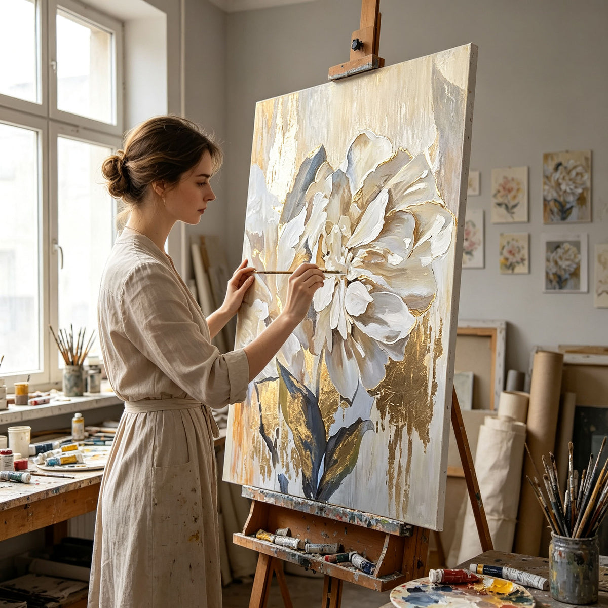 White Peony Wall Art, Gold Background Floral Oil Painting, Large Elegant Textured Canvas Art, Luxury Dining Room Living Room Wall Decor