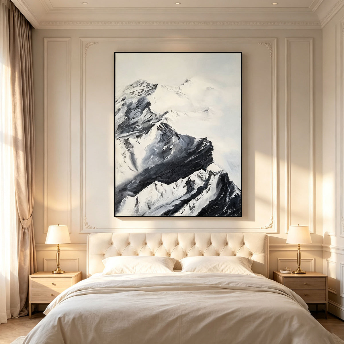 Black and White Mountain Wall Art, Snow Mountain Landscape Oil Painting, Large Textured Monochrome Canvas Art, Zen Minimalist Living Room Decor
