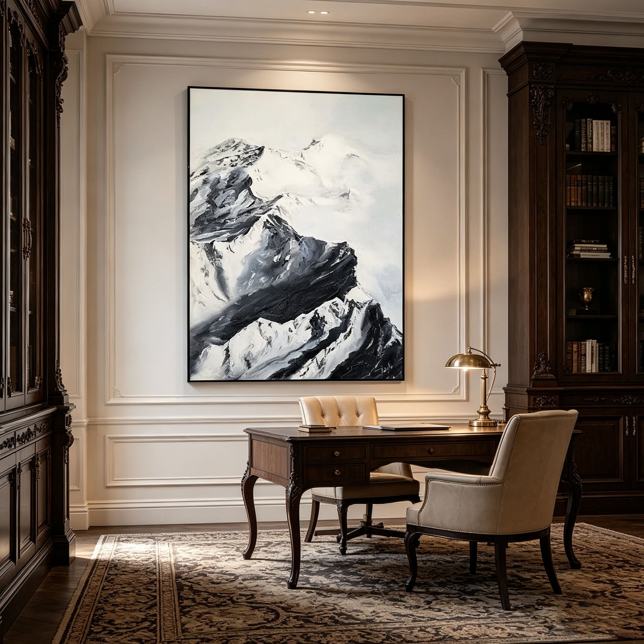 Black and White Mountain Wall Art, Snow Mountain Landscape Oil Painting, Large Textured Monochrome Canvas Art, Zen Minimalist Living Room Decor
