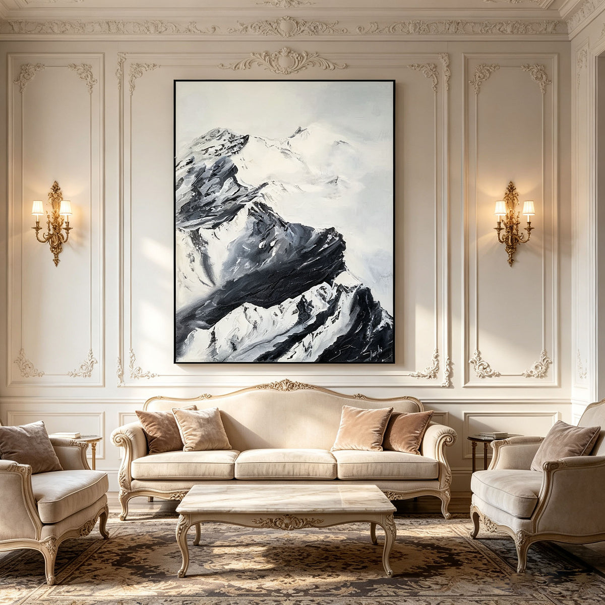 Black and White Mountain Wall Art, Snow Mountain Landscape Oil Painting, Large Textured Monochrome Canvas Art, Zen Minimalist Living Room Decor