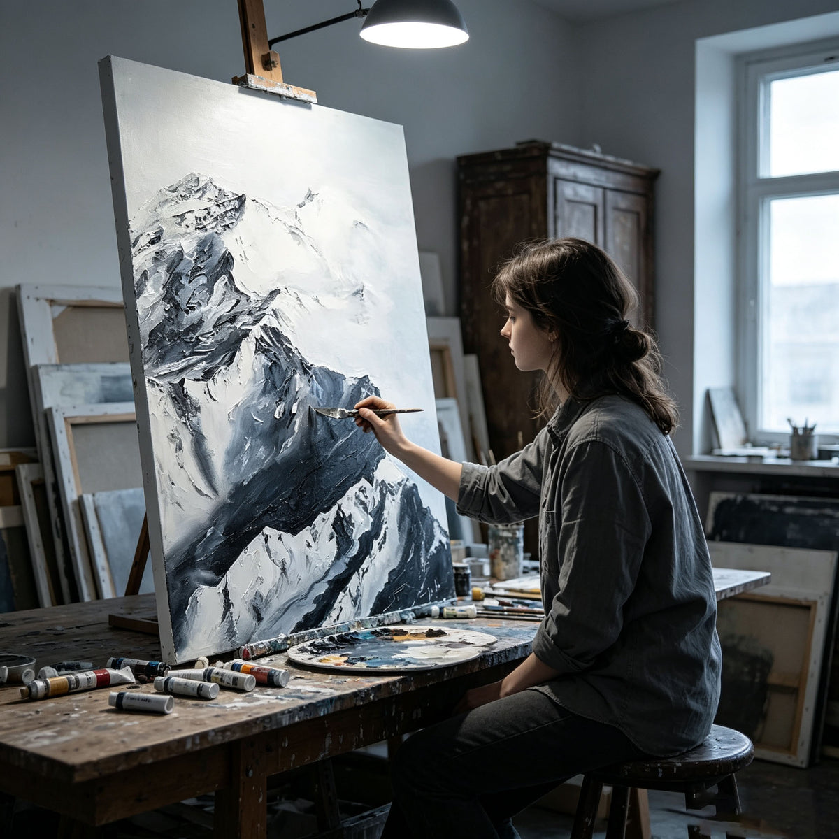 Black and White Mountain Wall Art, Snow Mountain Landscape Oil Painting, Large Textured Monochrome Canvas Art, Zen Minimalist Living Room Decor