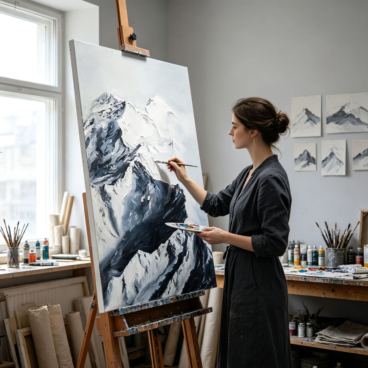 Black and White Mountain Wall Art, Snow Mountain Landscape Oil Painting, Large Textured Monochrome Canvas Art, Zen Minimalist Living Room Decor