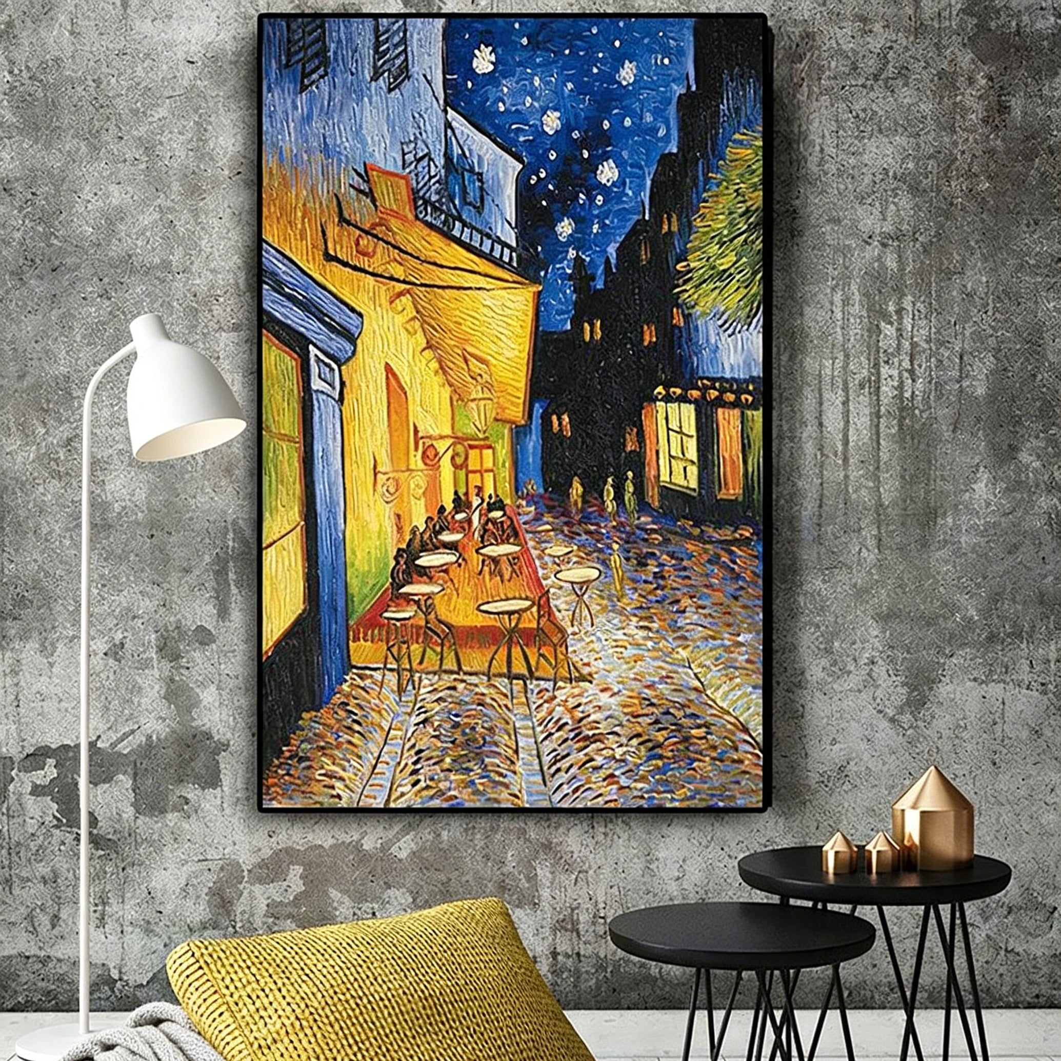 Hand‑Painted European Night Street Scene Oil Painting | Vintage Cobblestone Terrace Wall Art