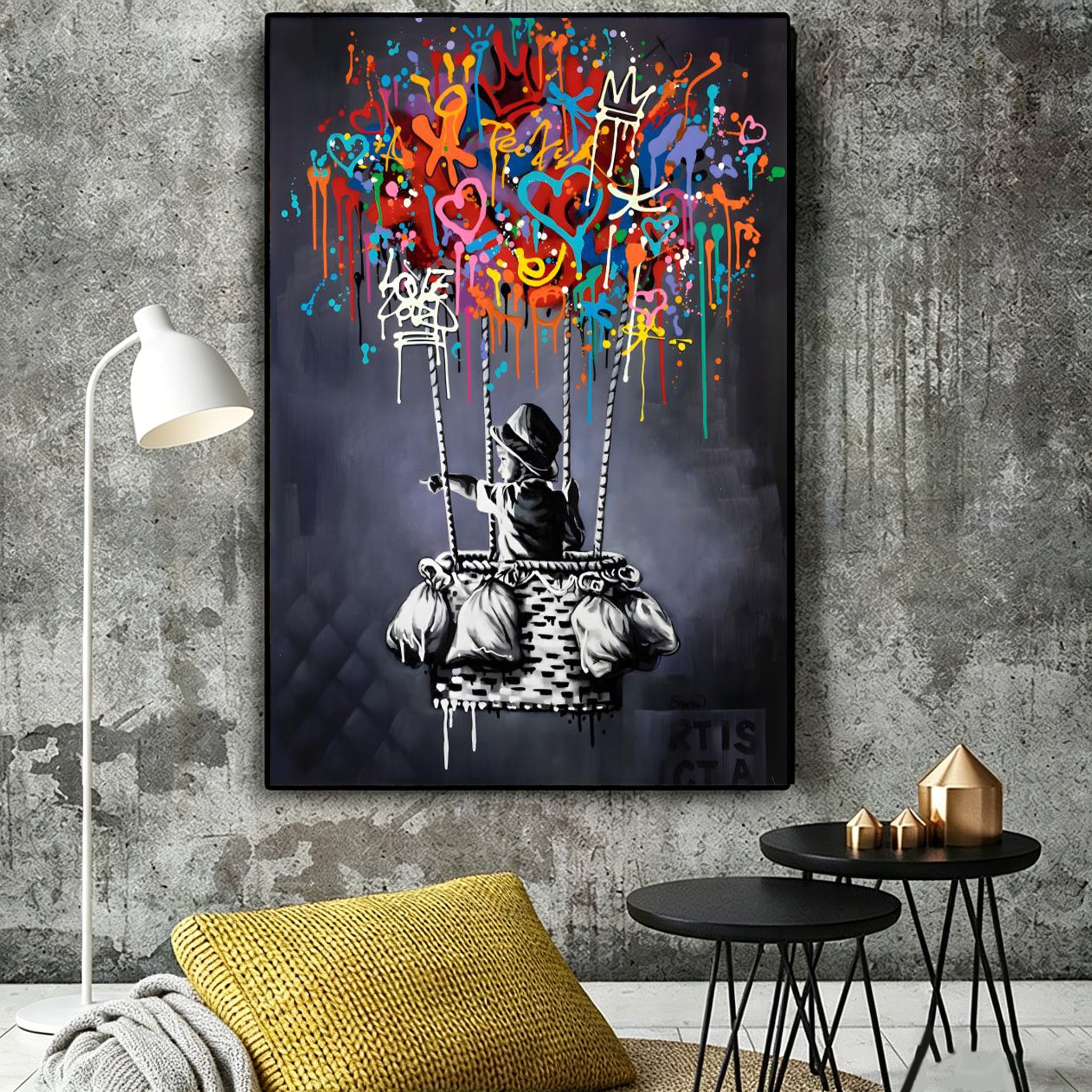 Hand‑Painted Graffiti Style Hot Air Balloon Wall Art | Modern Street Art Canvas Oil Painting