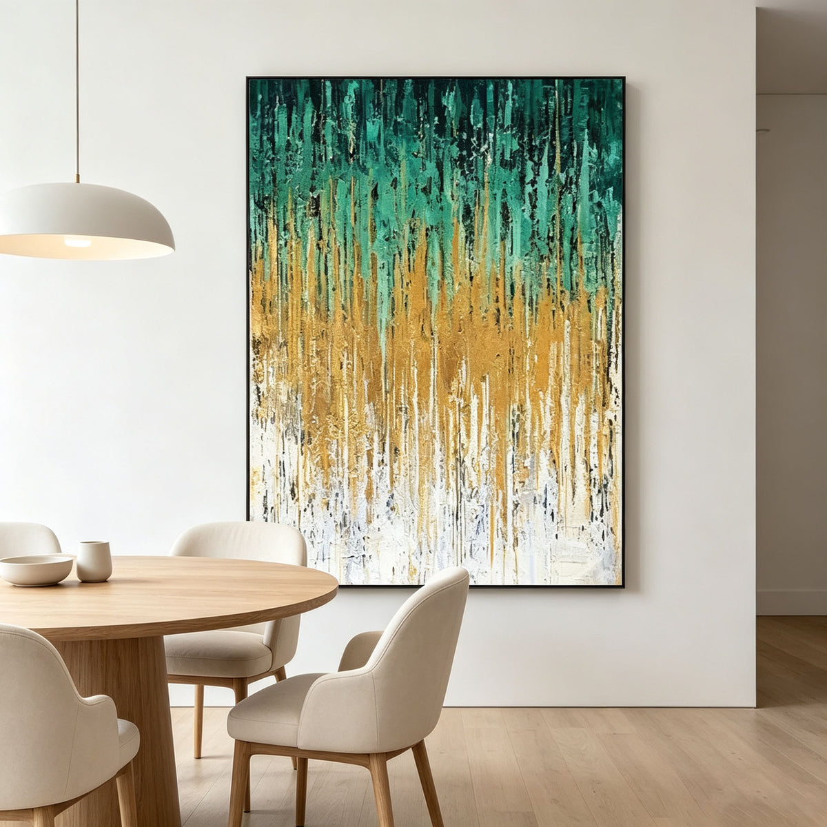 Green Gold Abstract Wall Art, Vertical Striped Texture Oil Painting, Dark Green White Luxury Canvas, Modern Dining Room Wall Decor