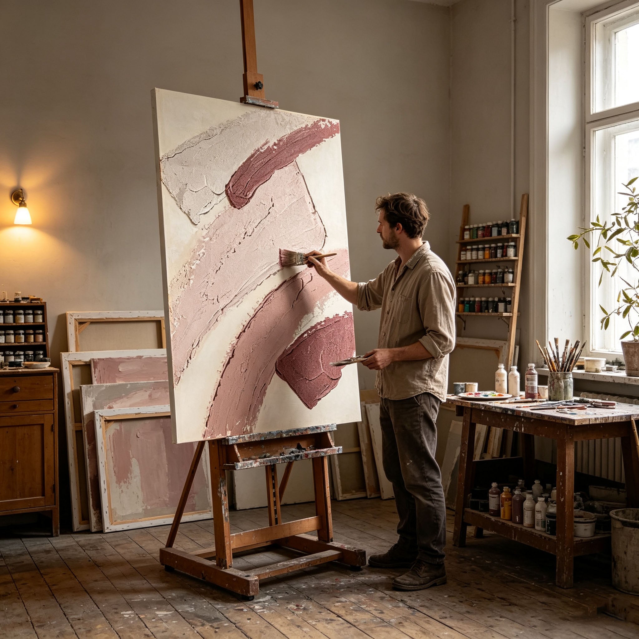 Dusty Rose Abstract Wall Art, Blush Pink 3D Textured Canvas Painting, Large Minimalist Impasto Wall Art, Modern Feminine Bedroom Decor