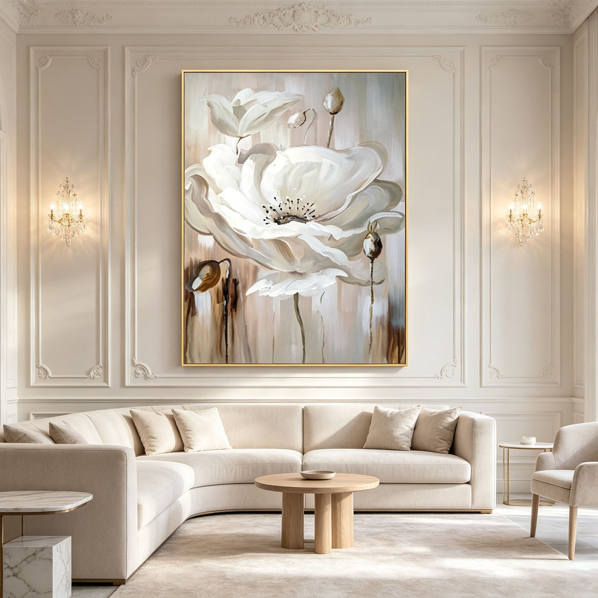White Flower Wall Art, Beige Background Floral Oil Painting, Large Elegant Soft Textured Canvas Art, Modern Feminine Bedroom Wall Decor