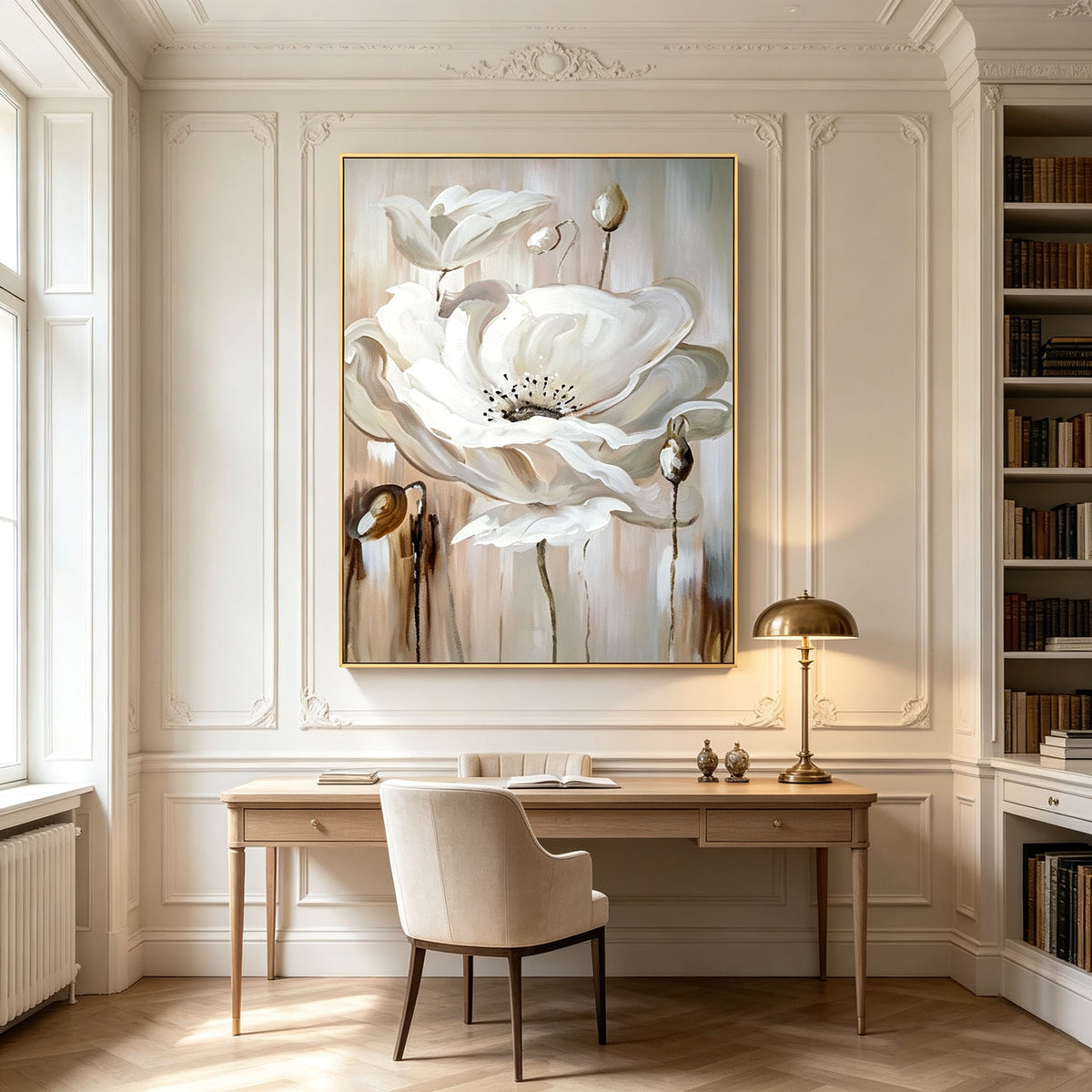 White Flower Wall Art, Beige Background Floral Oil Painting, Large Elegant Soft Textured Canvas Art, Modern Feminine Bedroom Wall Decor
