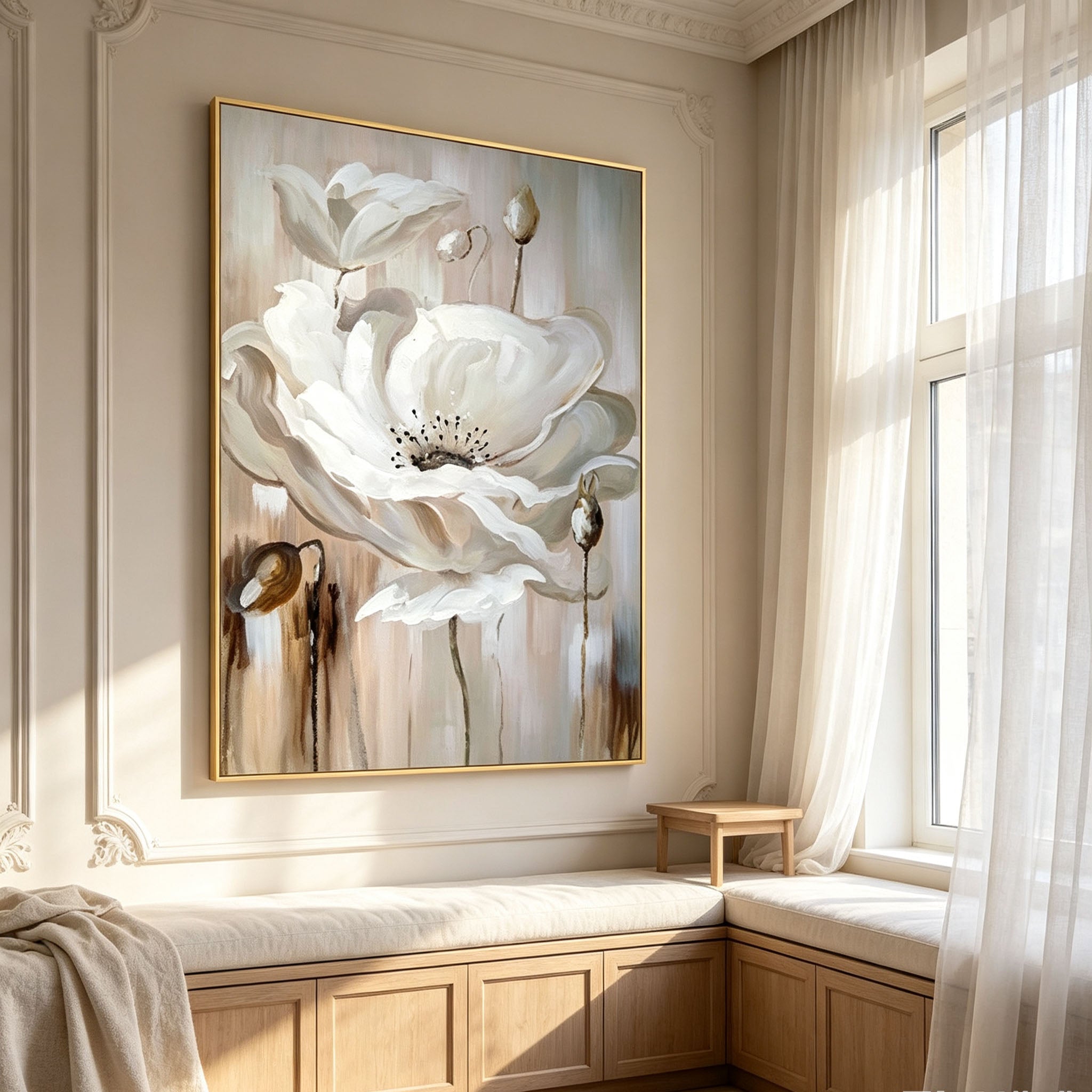 White Flower Wall Art, Beige Background Floral Oil Painting, Large Elegant Soft Textured Canvas Art, Modern Feminine Bedroom Wall Decor