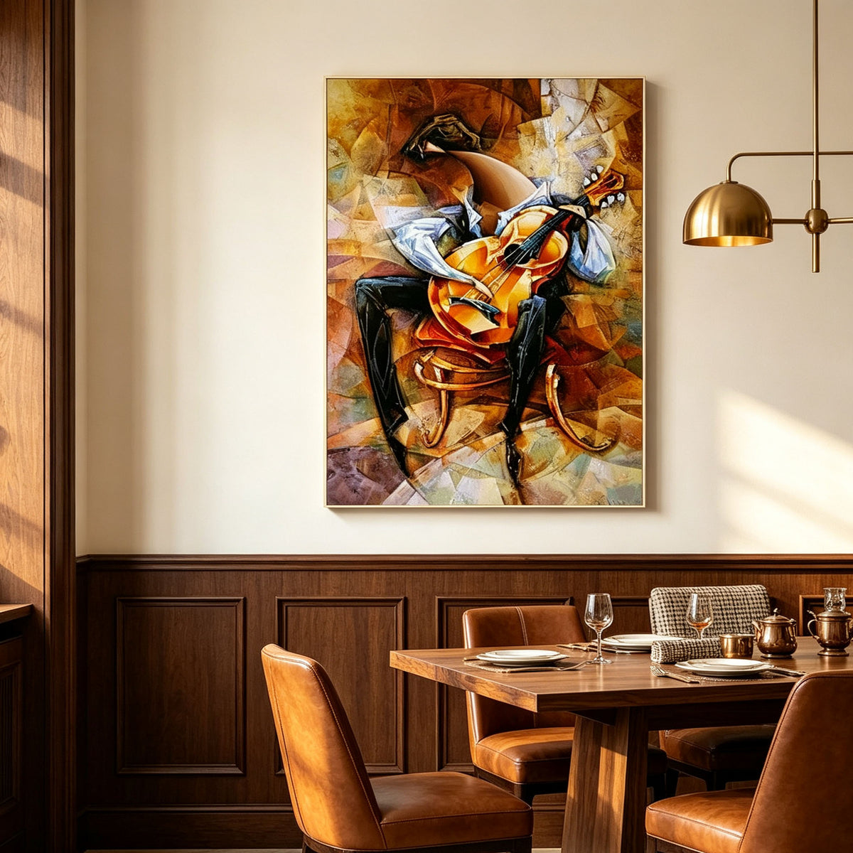 Cubism Abstract Violin Musician Canvas Wall Art, Vintage Brown Tones Music Themed Painting for Home Decor
