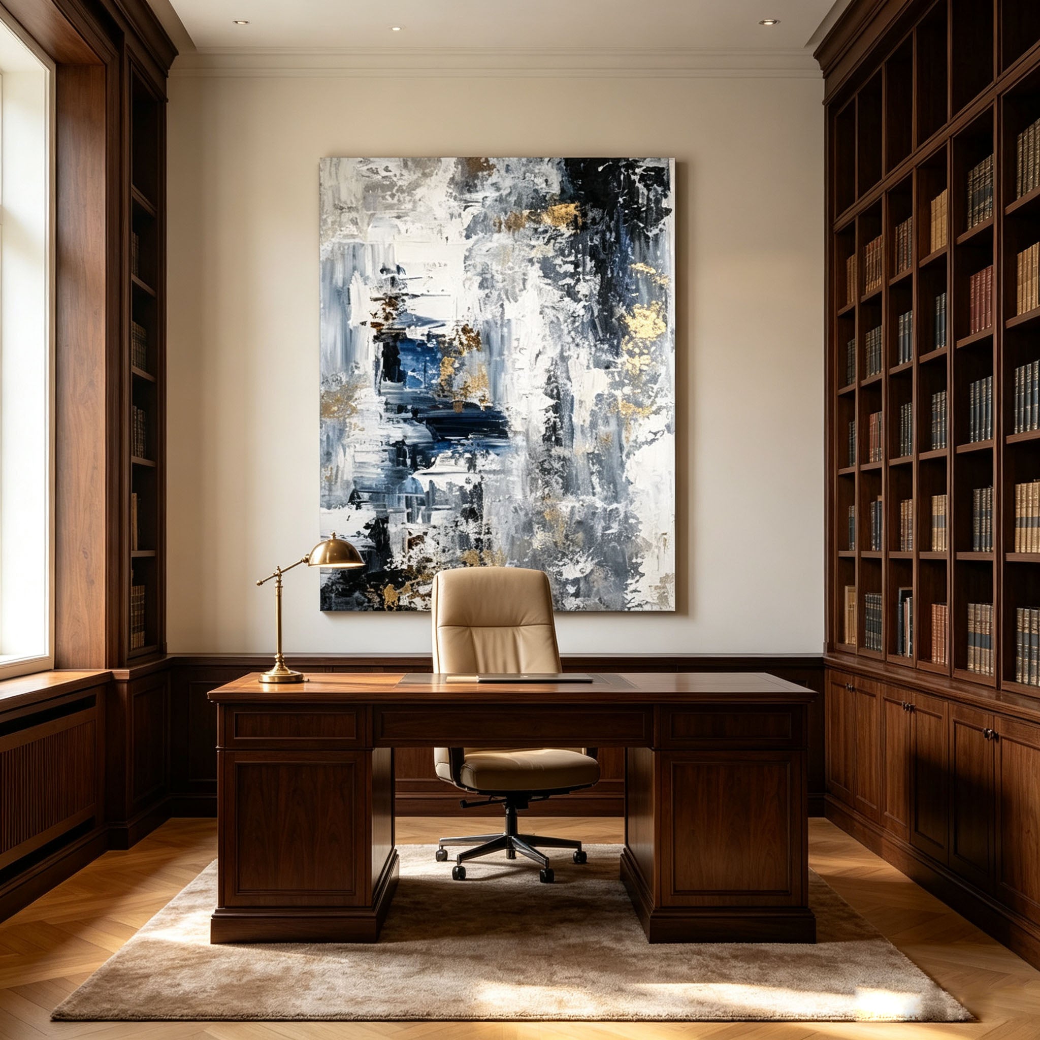 Navy Blue and Gold Abstract Wall Art, White Gray Gold Leaf Impasto Painting, Large Textured Canvas Art, Luxury Office Living Room Decor