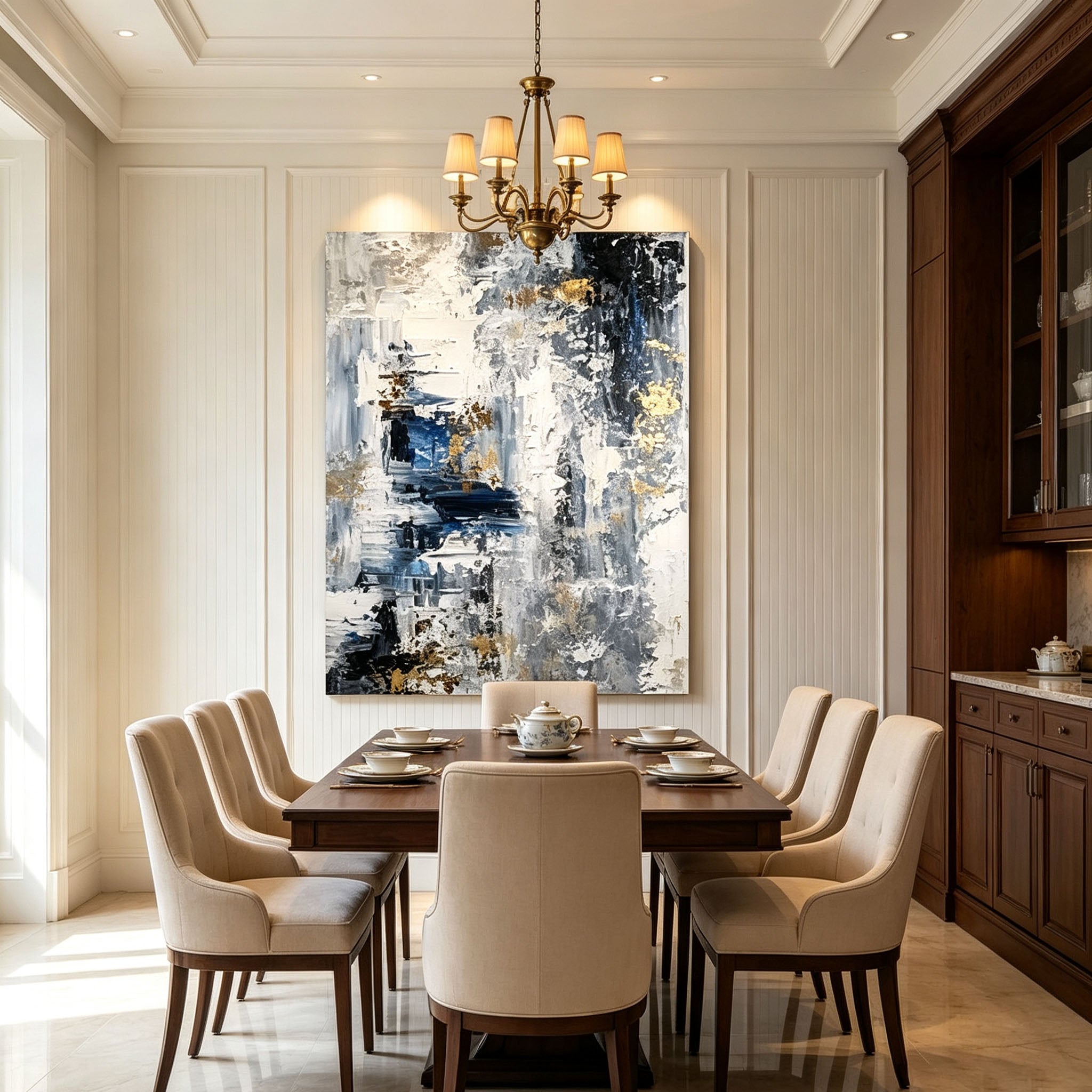 Navy Blue and Gold Abstract Wall Art, White Gray Gold Leaf Impasto Painting, Large Textured Canvas Art, Luxury Office Living Room Decor