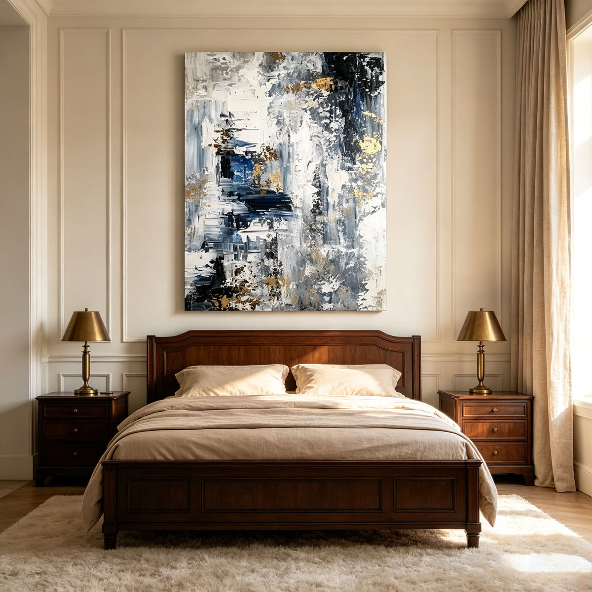 Navy Blue and Gold Abstract Wall Art, White Gray Gold Leaf Impasto Painting, Large Textured Canvas Art, Luxury Office Living Room Decor